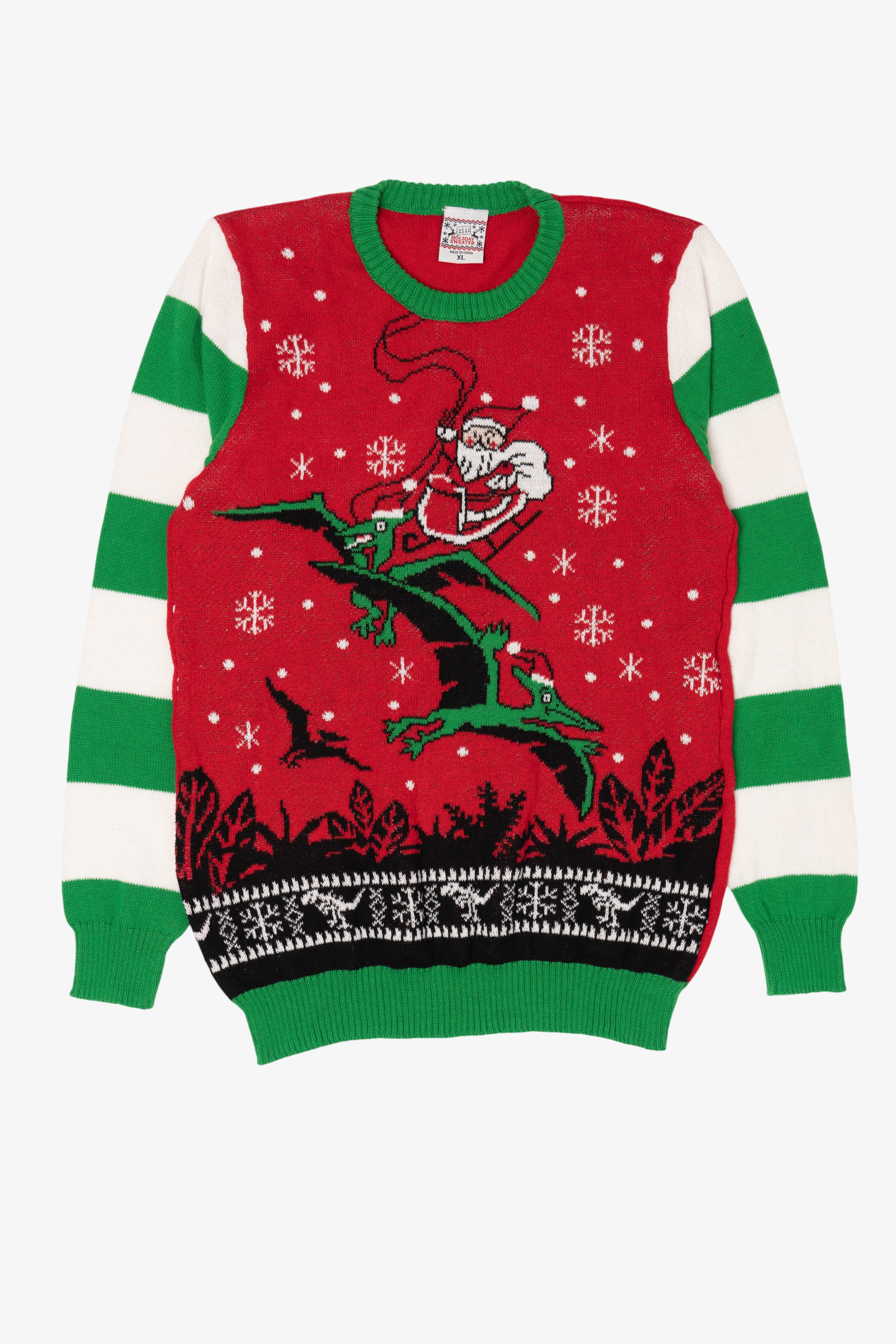 Red Santa On Dinosaur Sleigh Ugly Christmas Pullover (2010s)