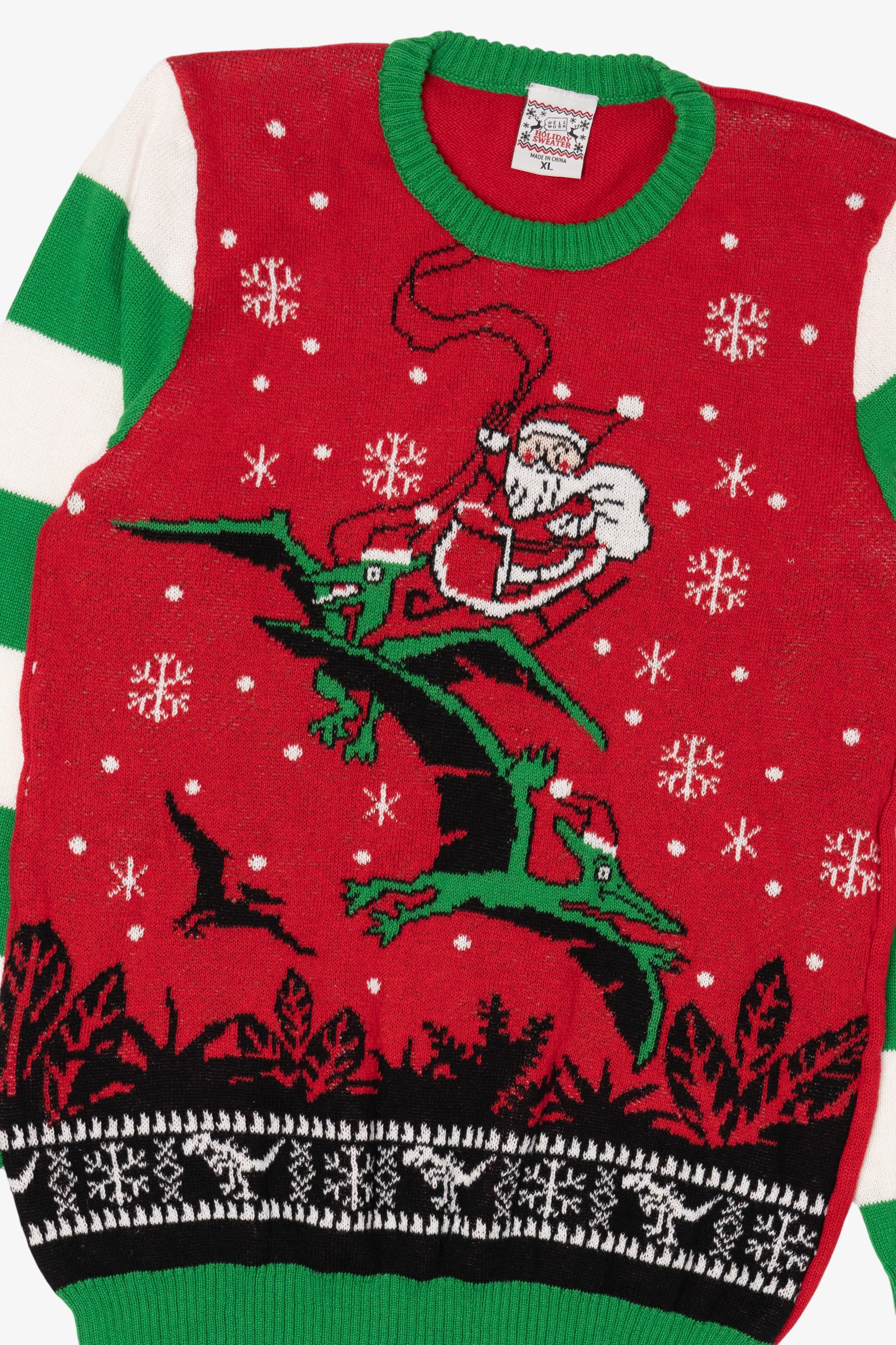 Red Santa On Dinosaur Sleigh Ugly Christmas Pullover (2010s)