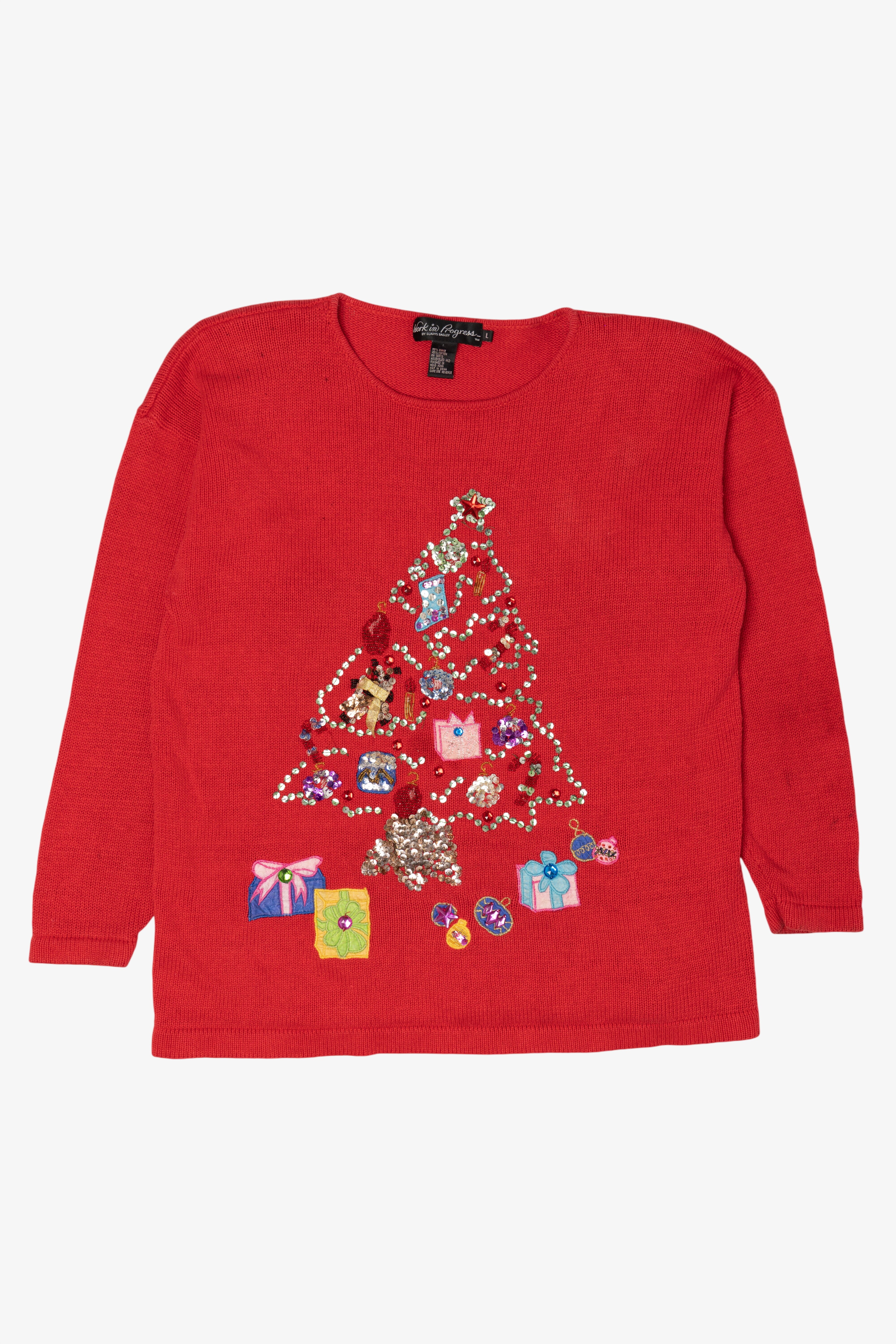 Vintage Red Work in Progress Tree Ugly Christmas Pullover (2000s)