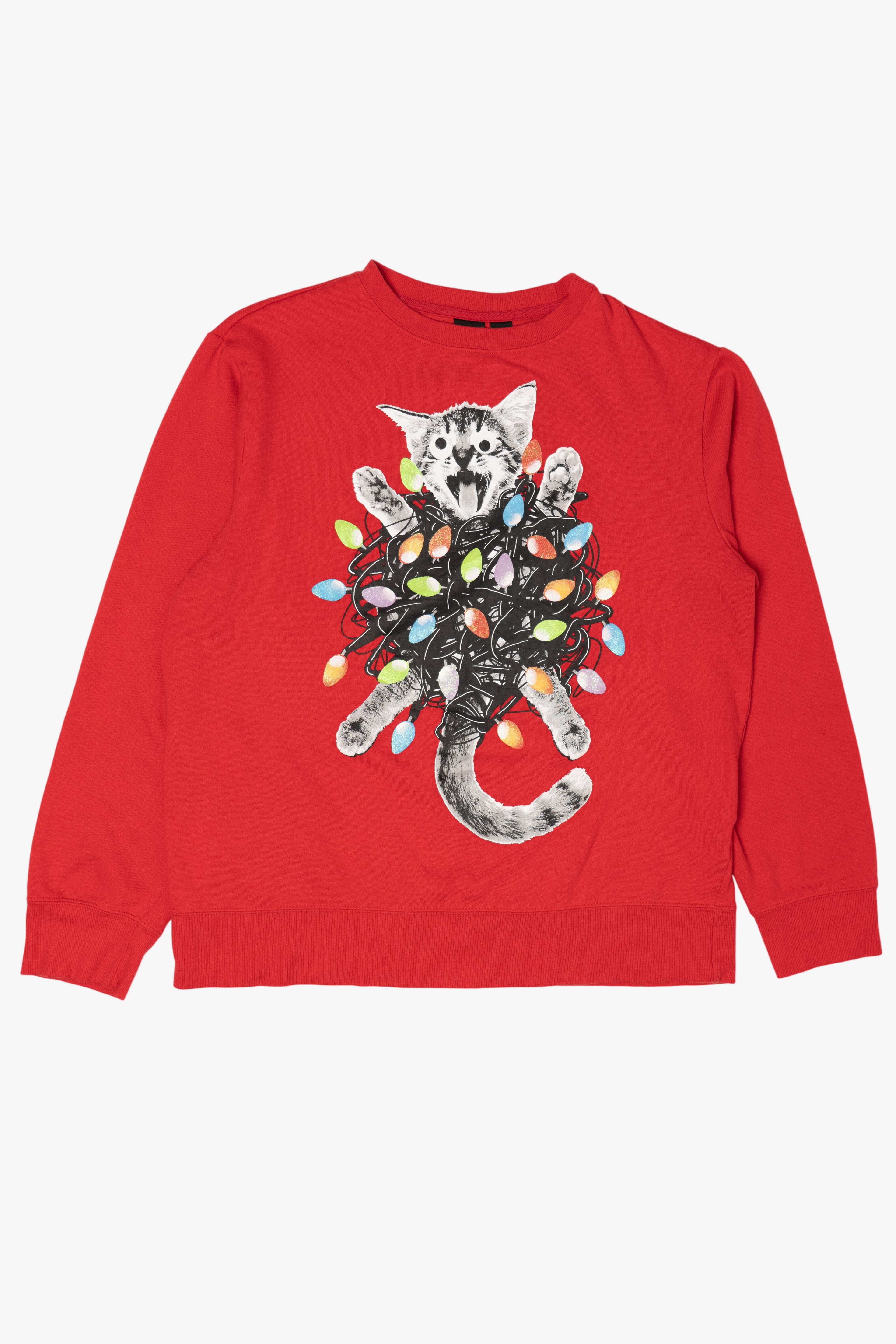 Red Mad Engine Cat In Lights Christmas Sweatshirt (2020s)
