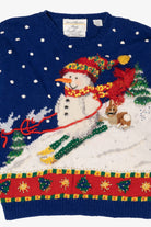 Vintage Hand Knit Blue Marisa Christina Snowmen Ugly Christmas Pullover (1990s)