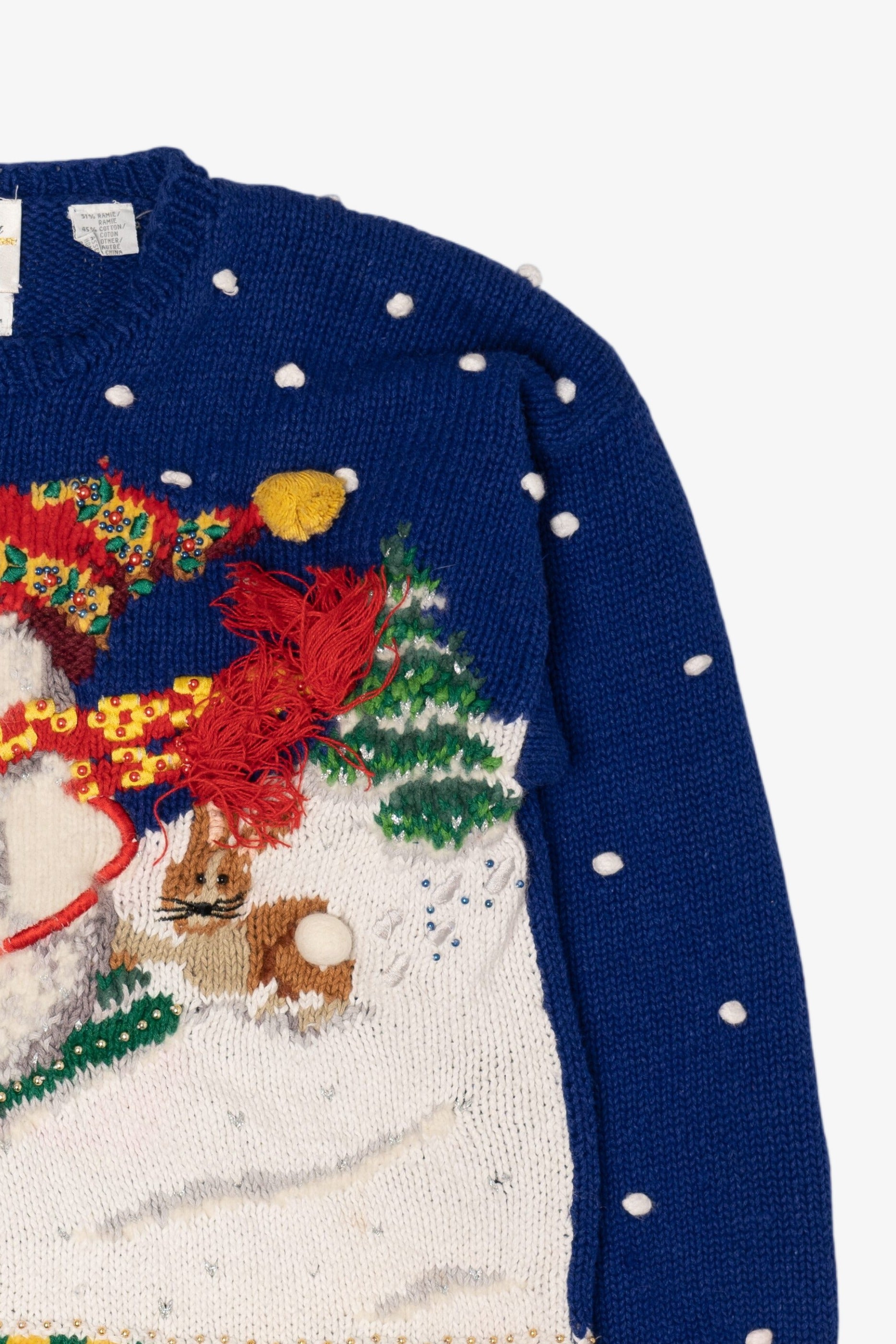 Vintage Hand Knit Blue Marisa Christina Snowmen Ugly Christmas Pullover (1990s)