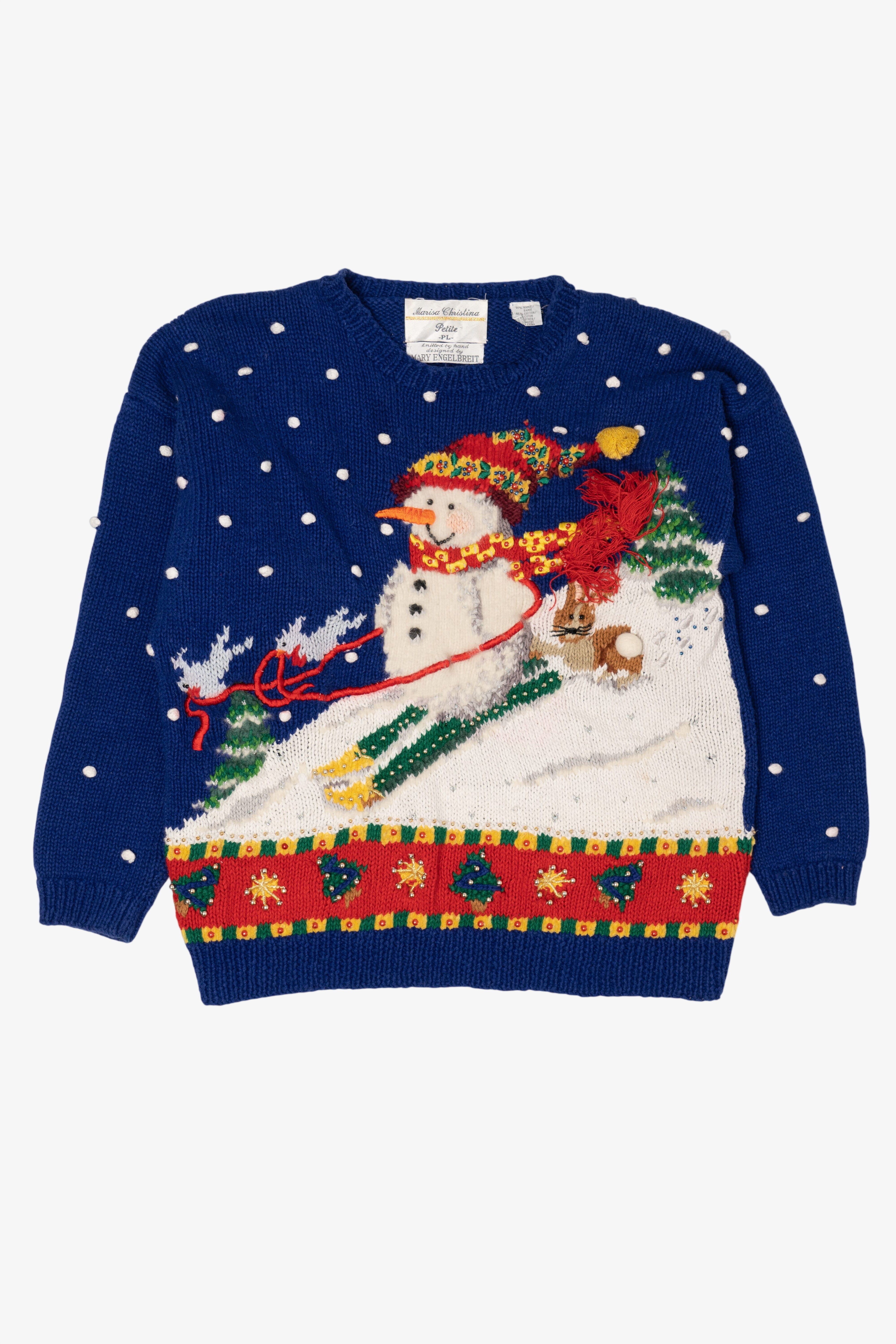 Vintage Hand Knit Blue Marisa Christina Snowmen Ugly Christmas Pullover (1990s)