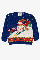 Vintage Hand Knit Blue Marisa Christina Snowmen Ugly Christmas Pullover (1990s)