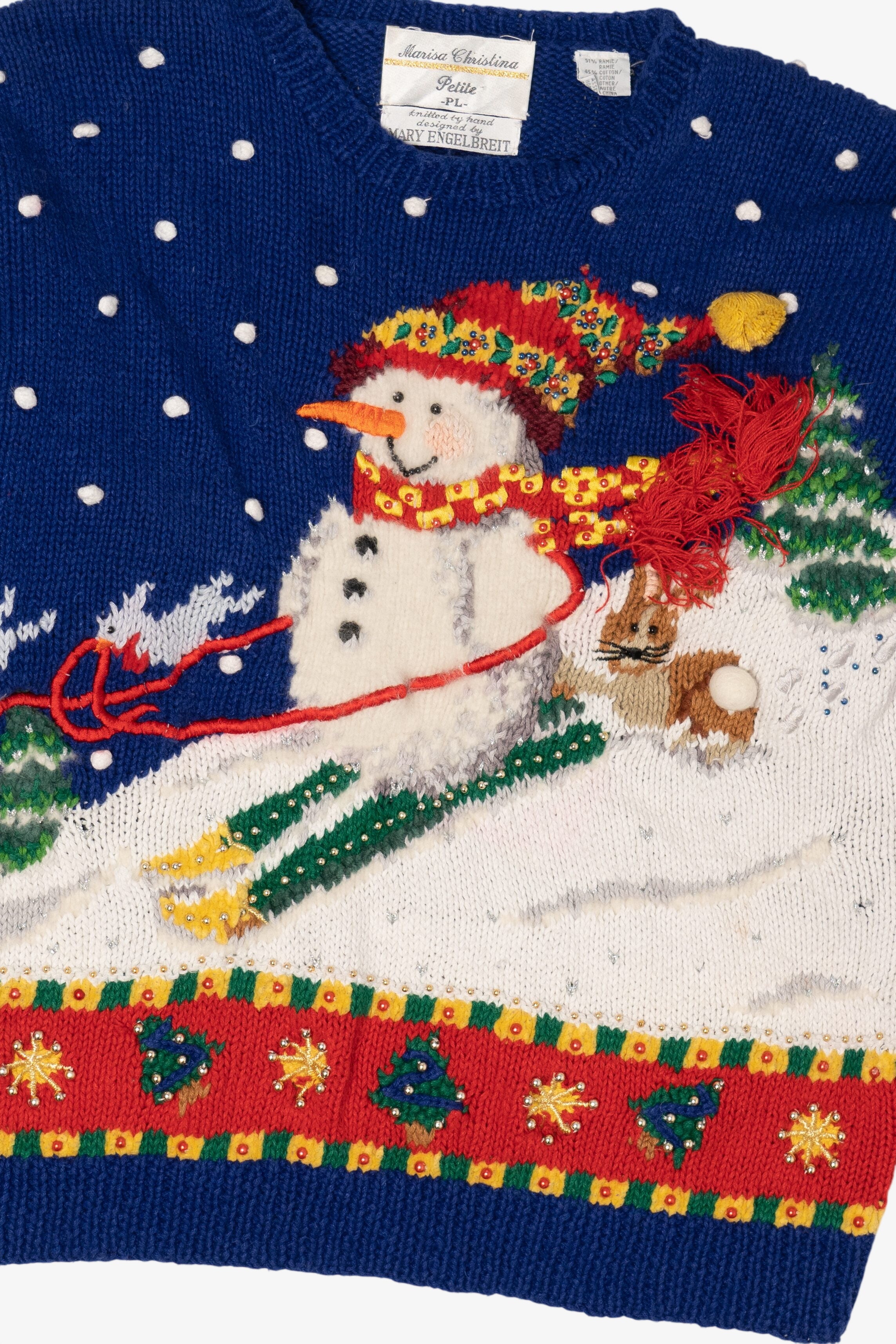 Vintage Hand Knit Blue Marisa Christina Snowmen Ugly Christmas Pullover (1990s)