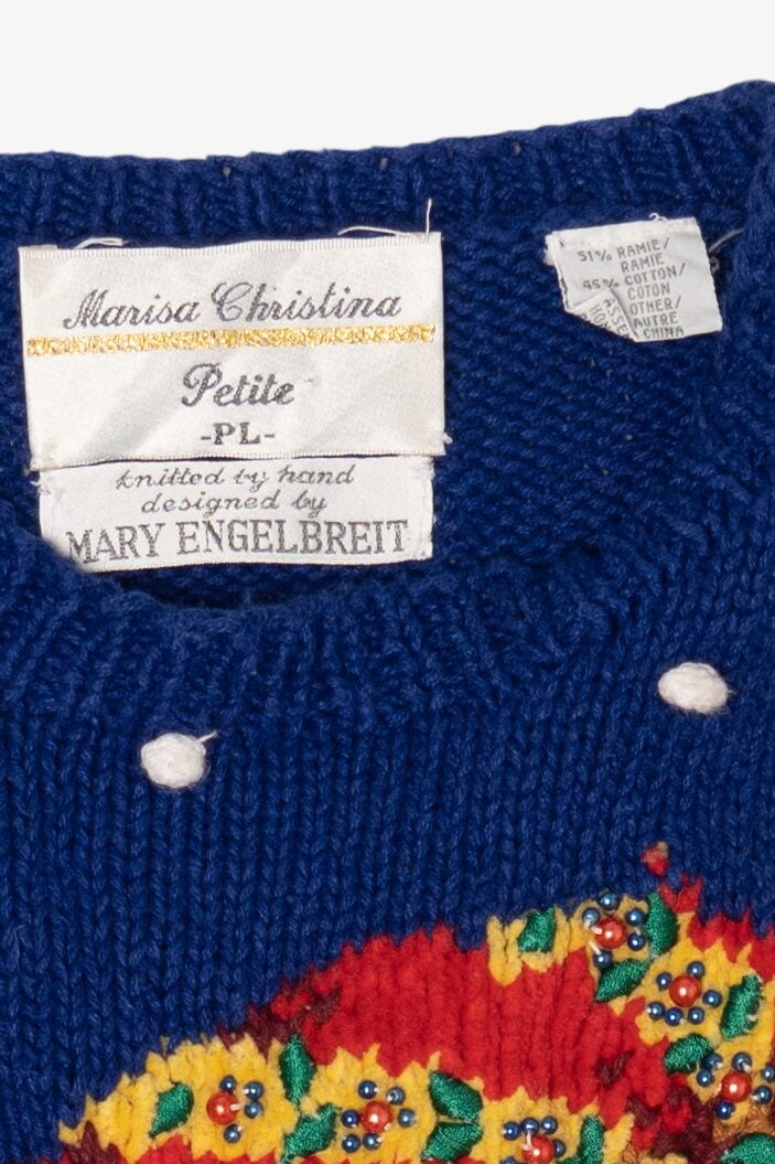 Vintage Hand Knit Blue Marisa Christina Snowmen Ugly Christmas Pullover (1990s)