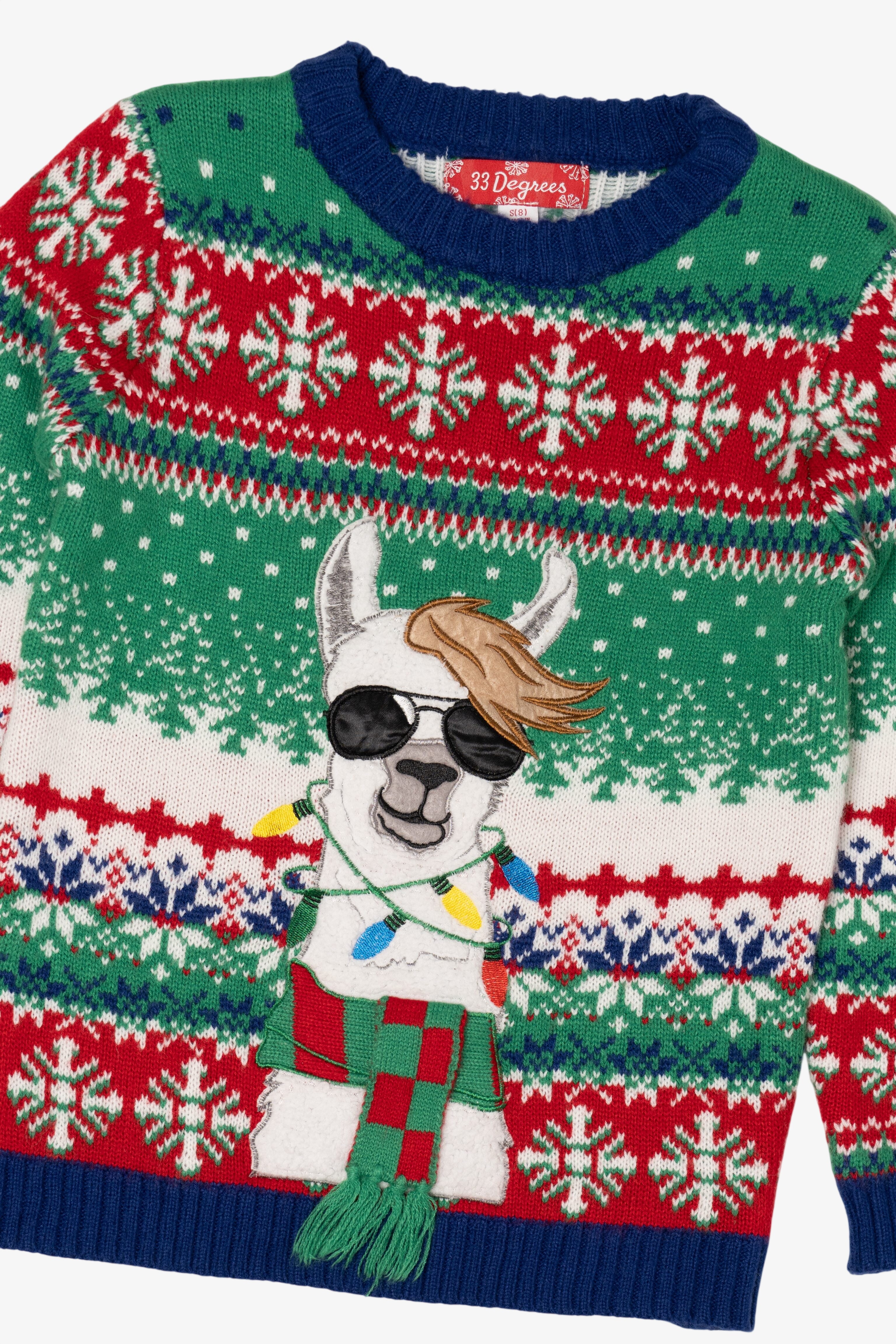 Kids Green 33 Degrees Llama Ugly Christmas Pullover (2010s)