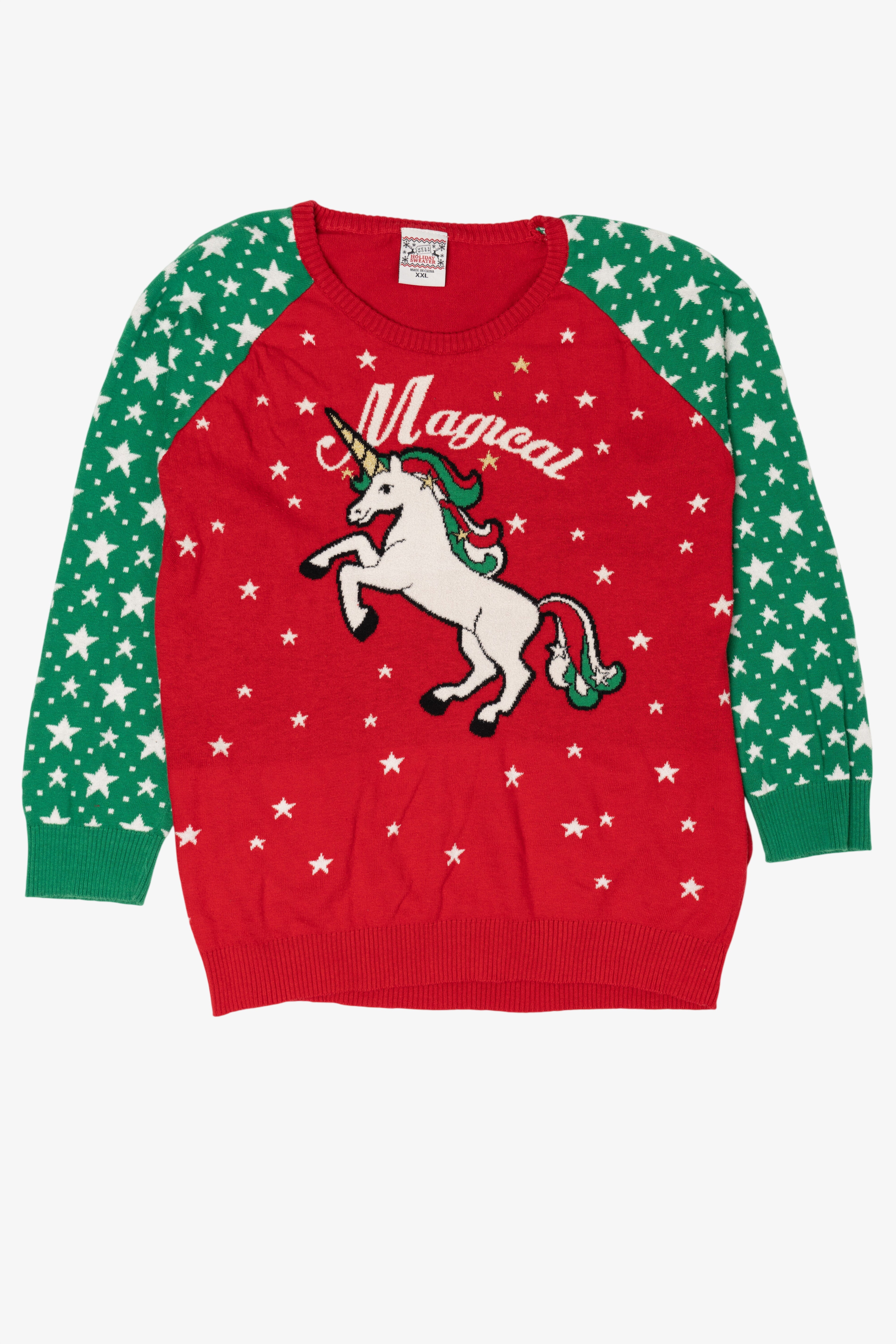 Kids Red Holiday Sweater "Magical" Unicorn Ugly Christmas Pullover (2010s)