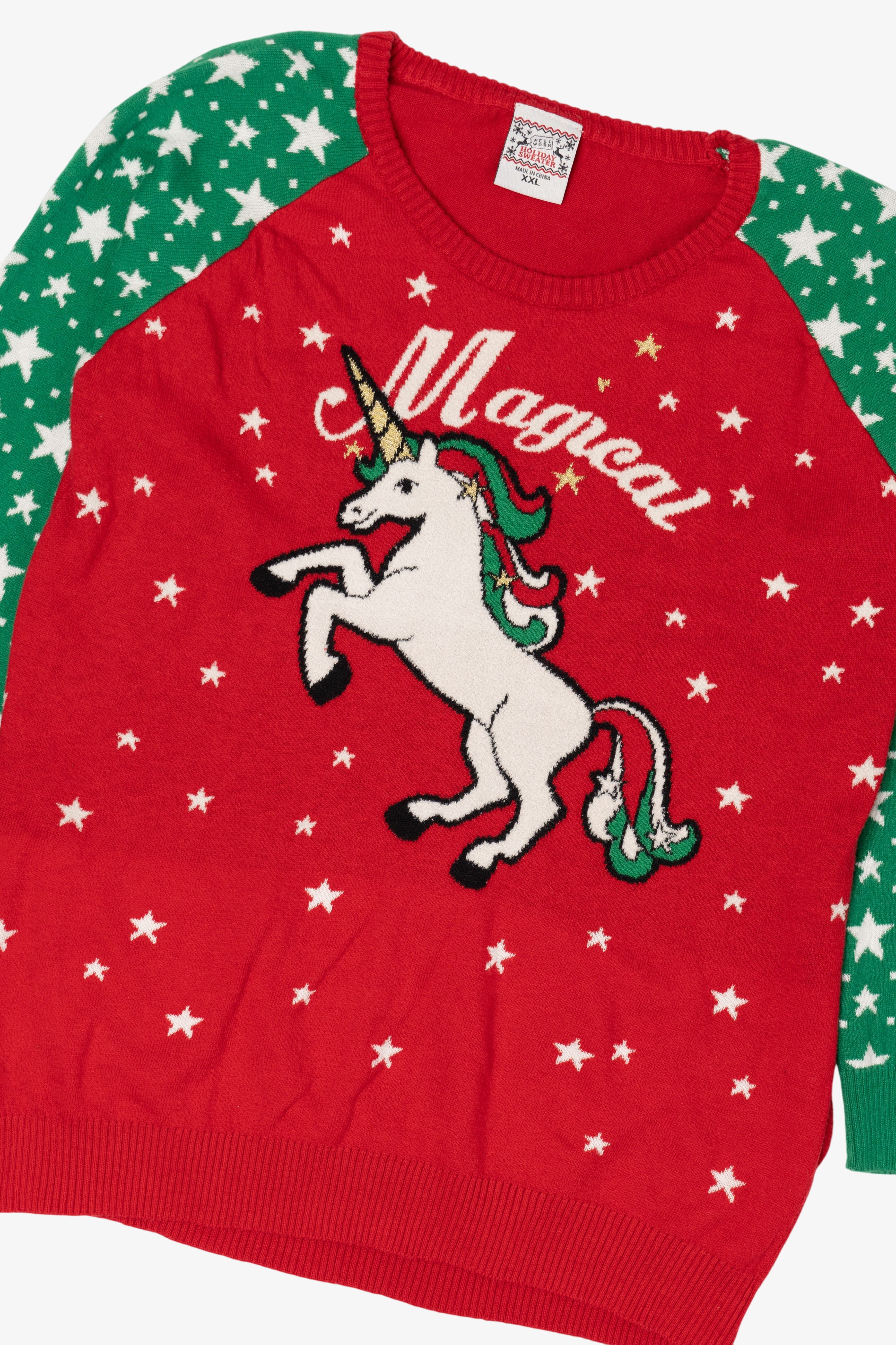 Kids Red Holiday Sweater "Magical" Unicorn Ugly Christmas Pullover (2010s)
