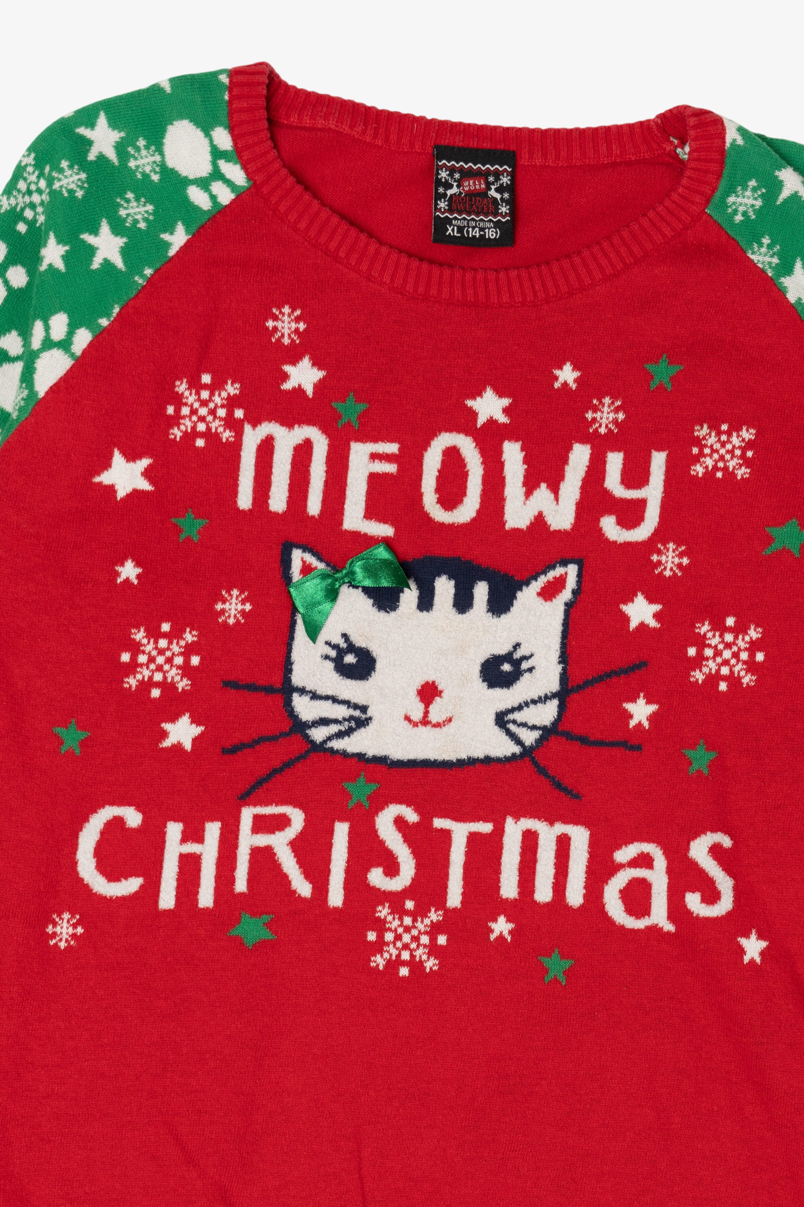 Kids Red "Meowy Christmas" Cats Ugly Christmas Pullover (2010s)