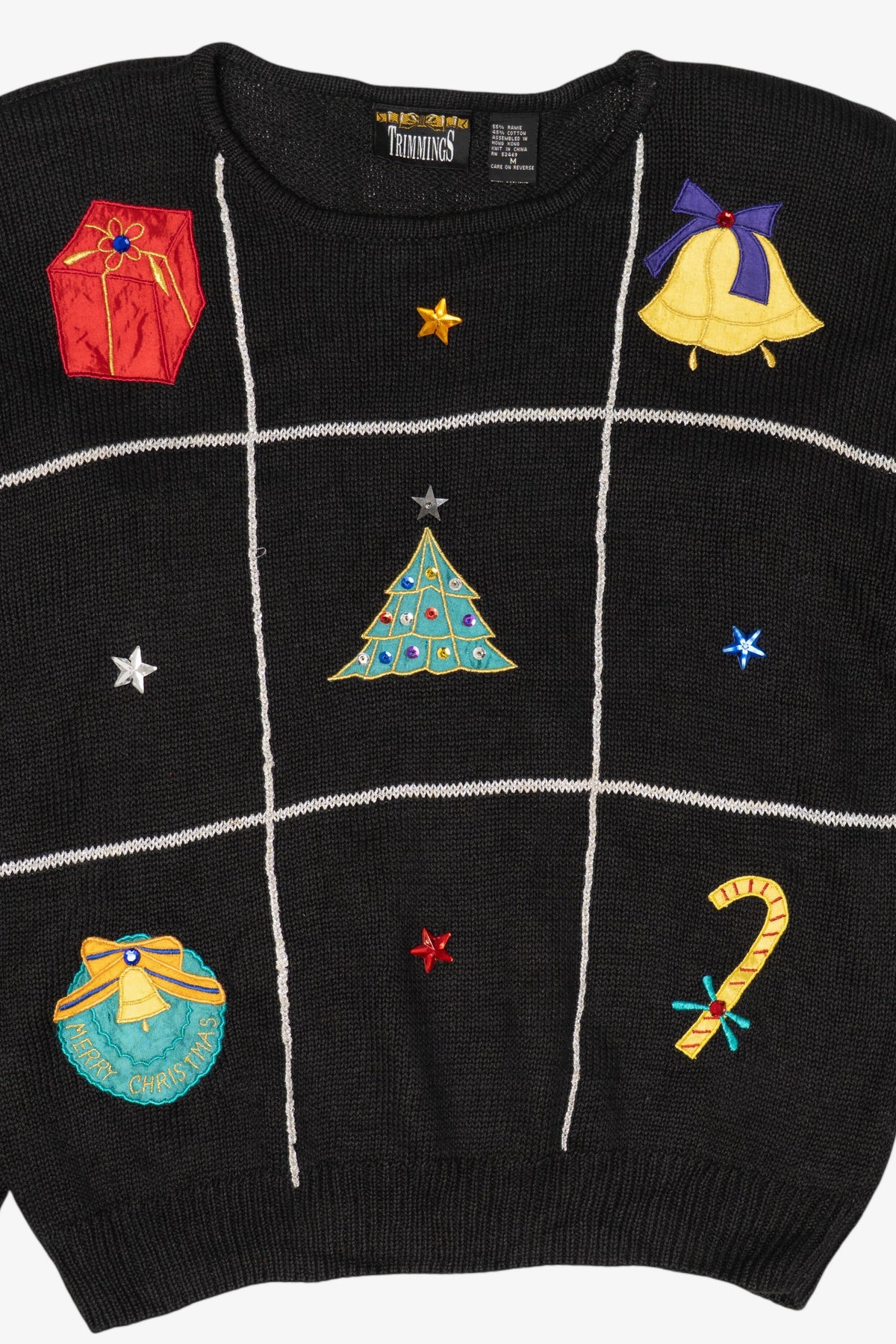 Vintage Black Trimmings Stars Ugly Christmas Pullover (1990s)