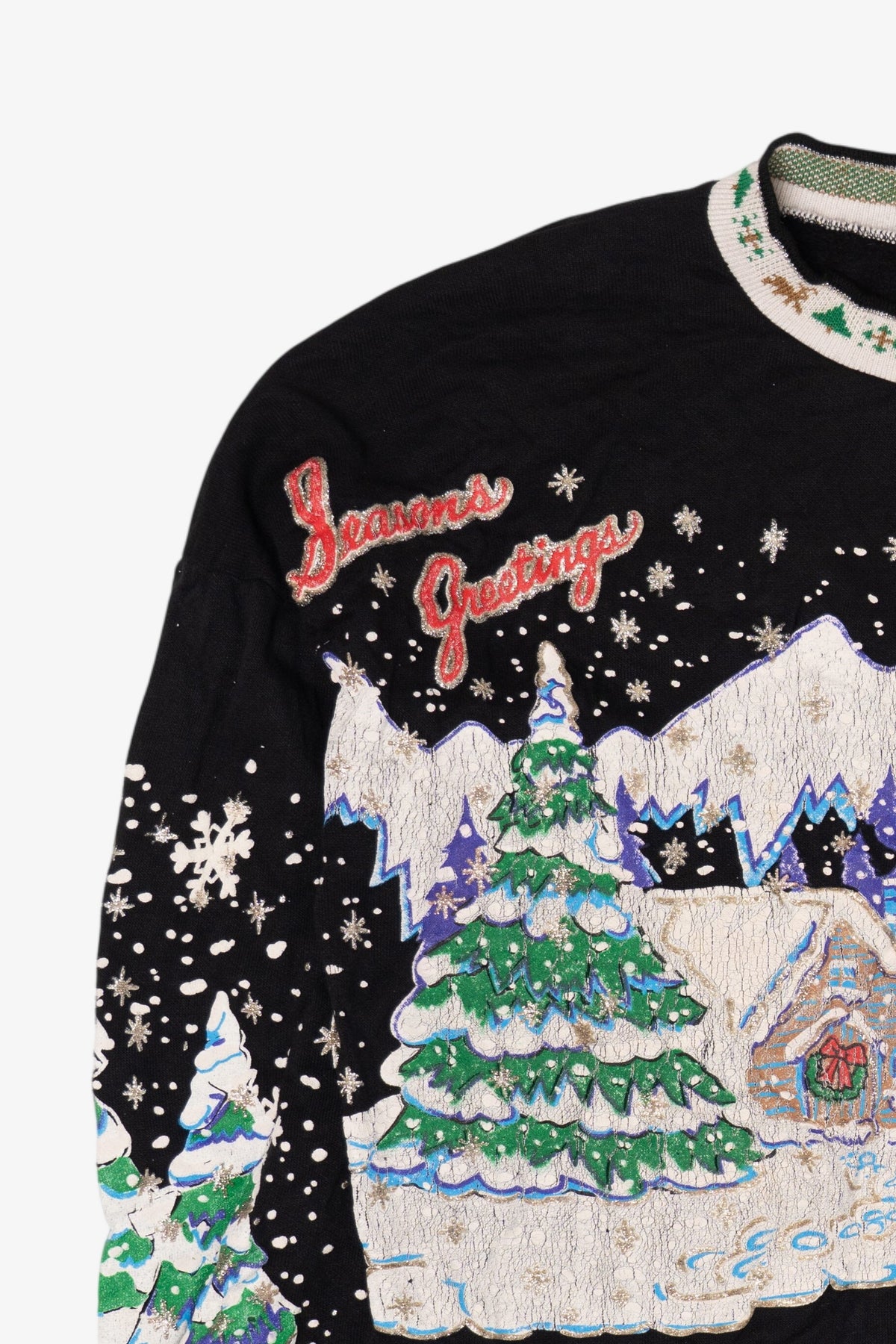Vintage Black Nutcracker "Seasons Greeting" Winter Cabin Ugly Christmas Sweatshirt (1980s)