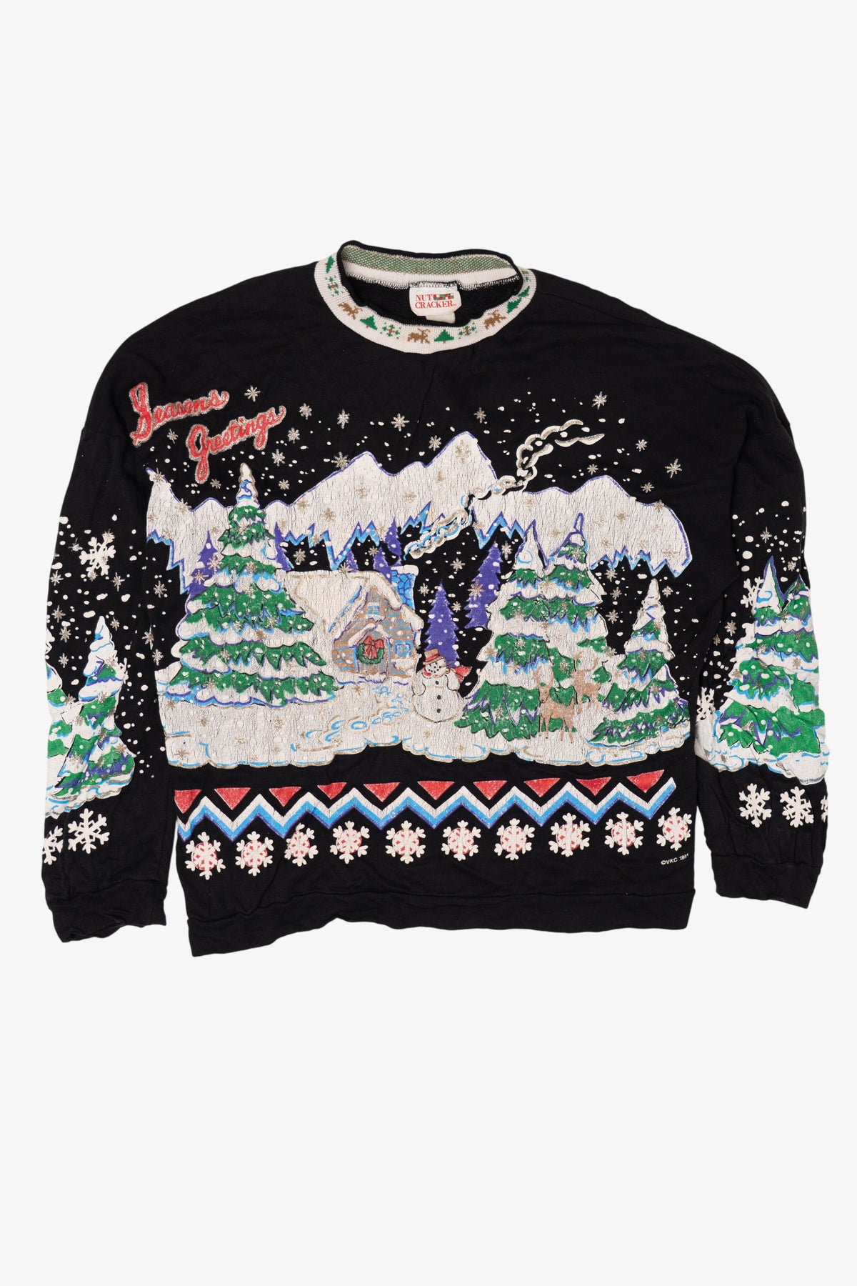 Vintage Black Nutcracker "Seasons Greeting" Winter Cabin Ugly Christmas Sweatshirt (1980s)
