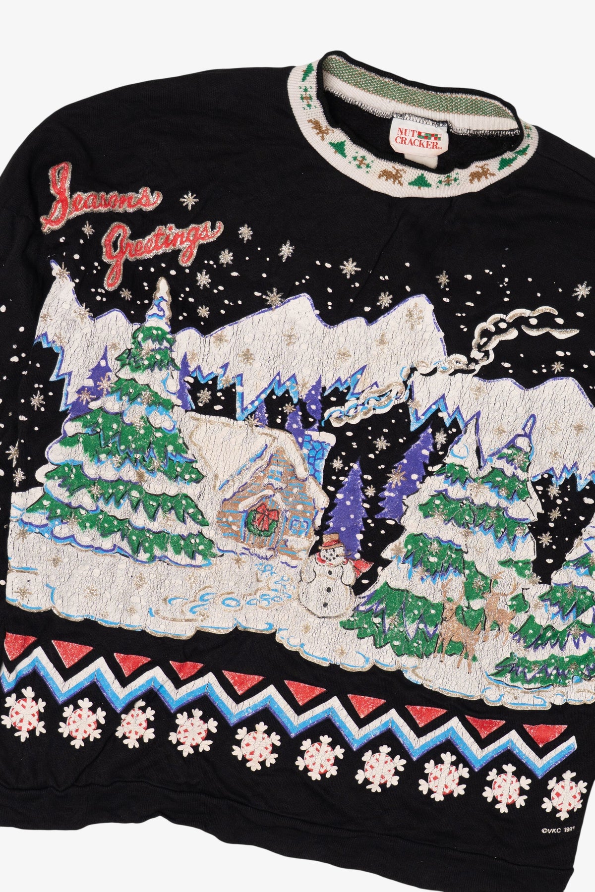 Vintage Black Nutcracker "Seasons Greeting" Winter Cabin Ugly Christmas Sweatshirt (1980s)