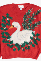 Vintage Hand Knit Swan In Wreath Ugly Christmas Sweater (1990s)