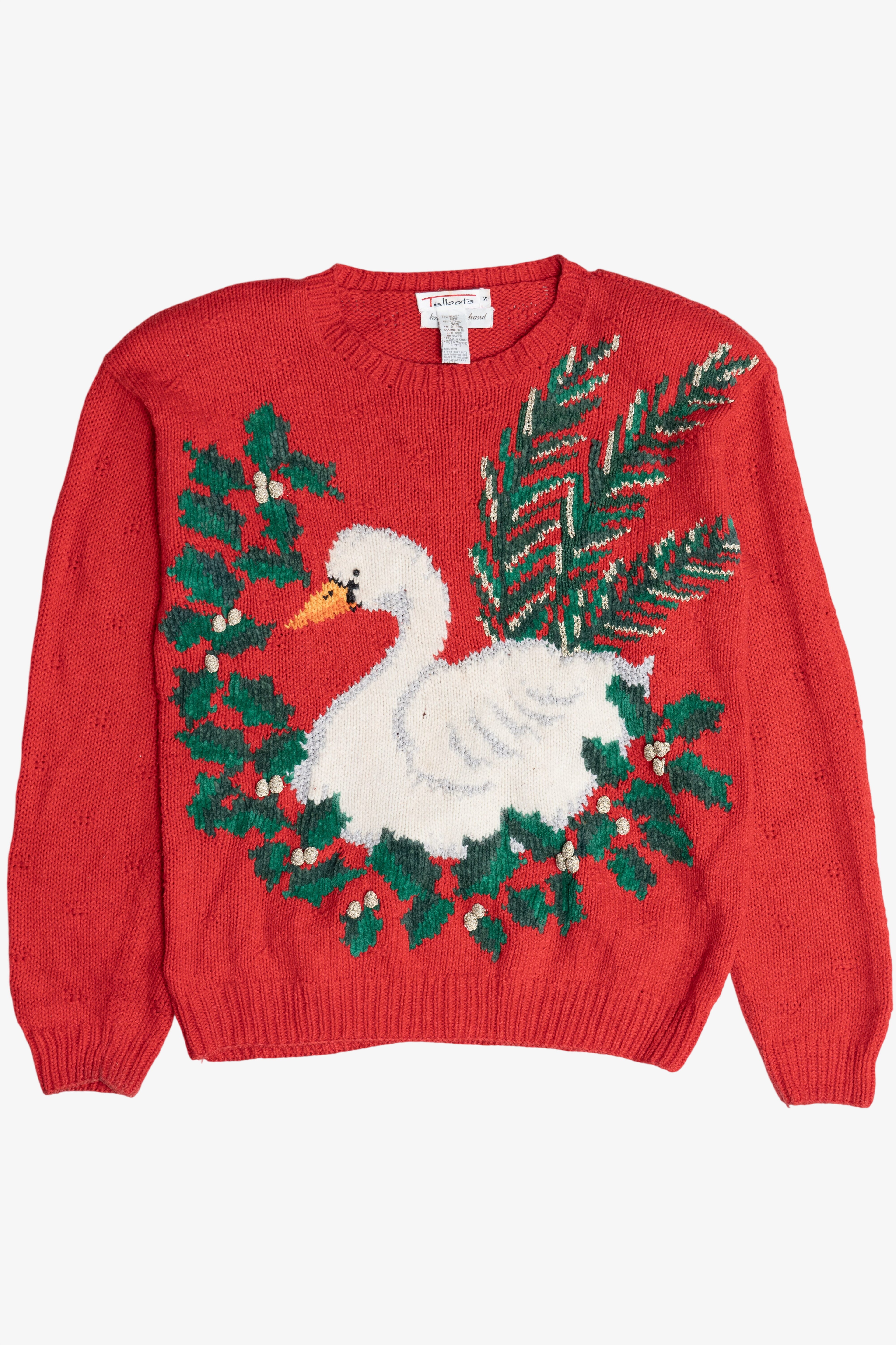 Vintage Hand Knit Swan In Wreath Ugly Christmas Sweater (1990s)