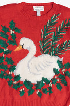 Vintage Hand Knit Swan In Wreath Ugly Christmas Sweater (1990s)