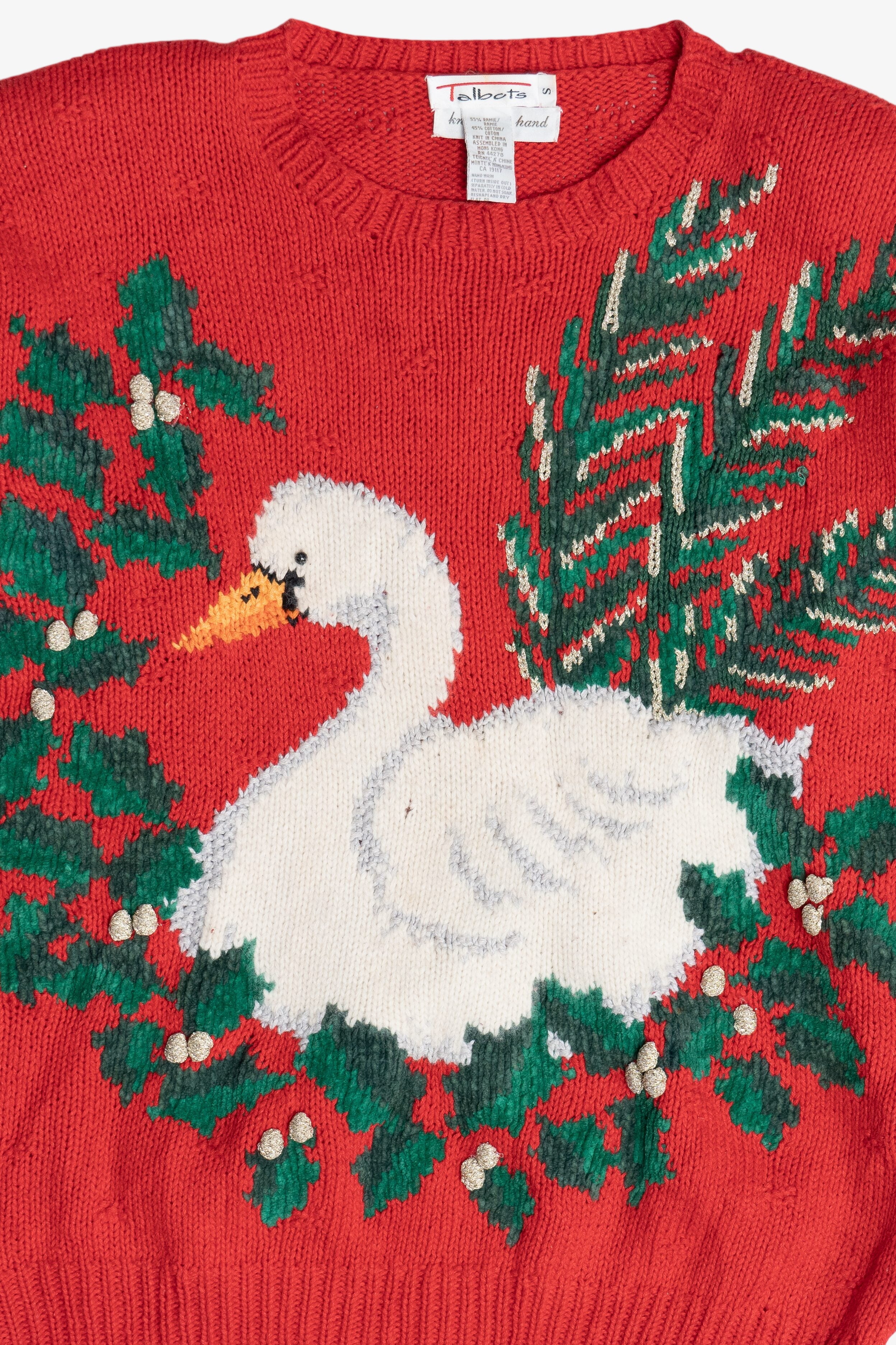 Vintage Hand Knit Swan In Wreath Ugly Christmas Sweater (1990s)