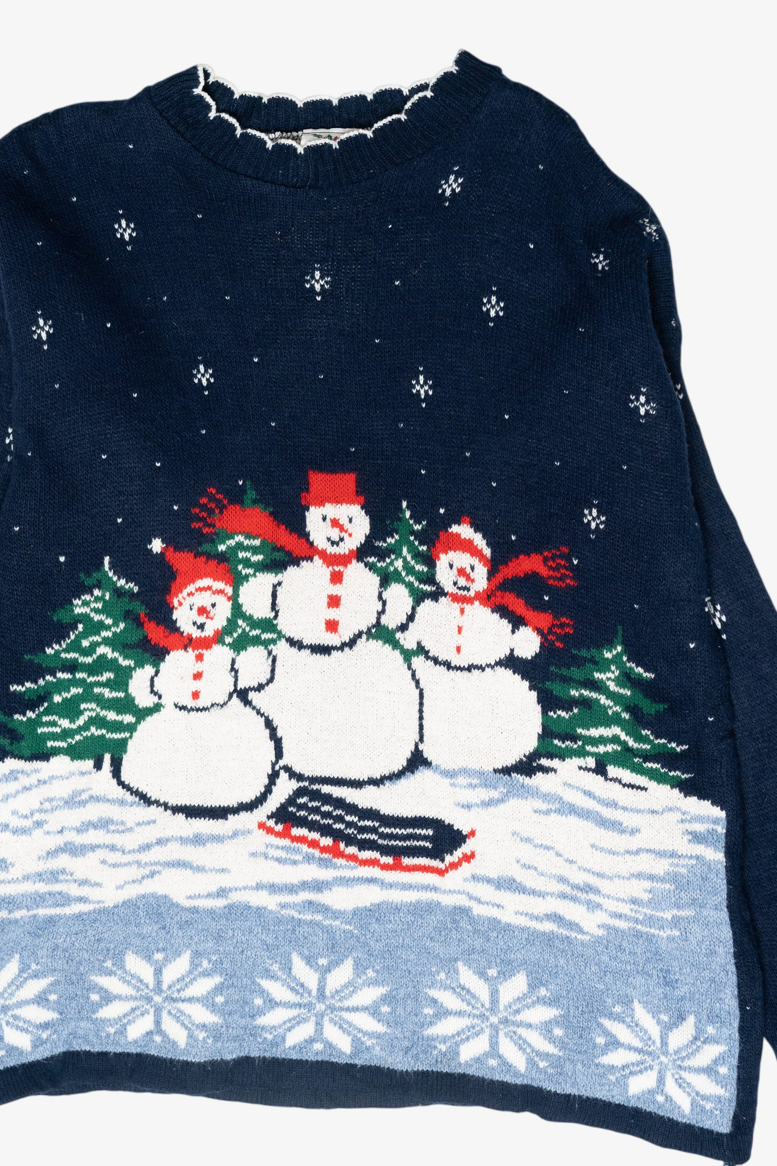 Sledding Snowmen Vintage Ugly Christmas Sweater (1980s)