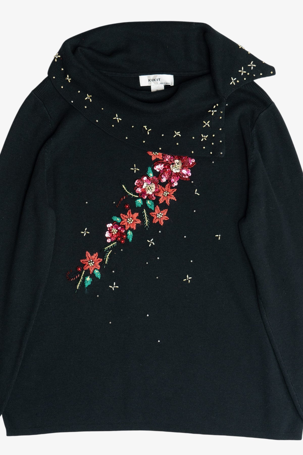 Vintage Beaded & Sequin Flowers Ugly Christmas Pullover (1990s)