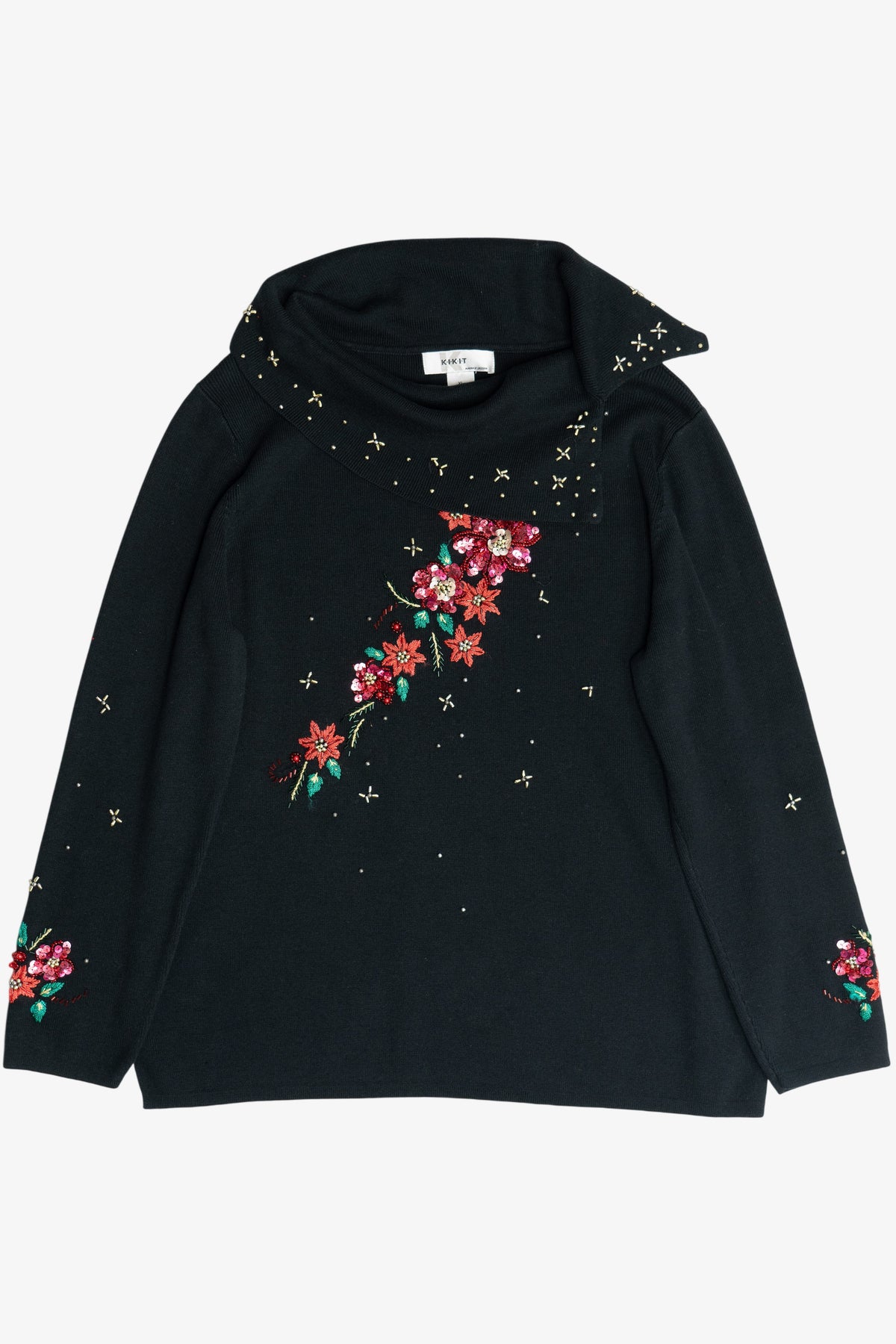 Vintage Beaded & Sequin Flowers Ugly Christmas Pullover (1990s)