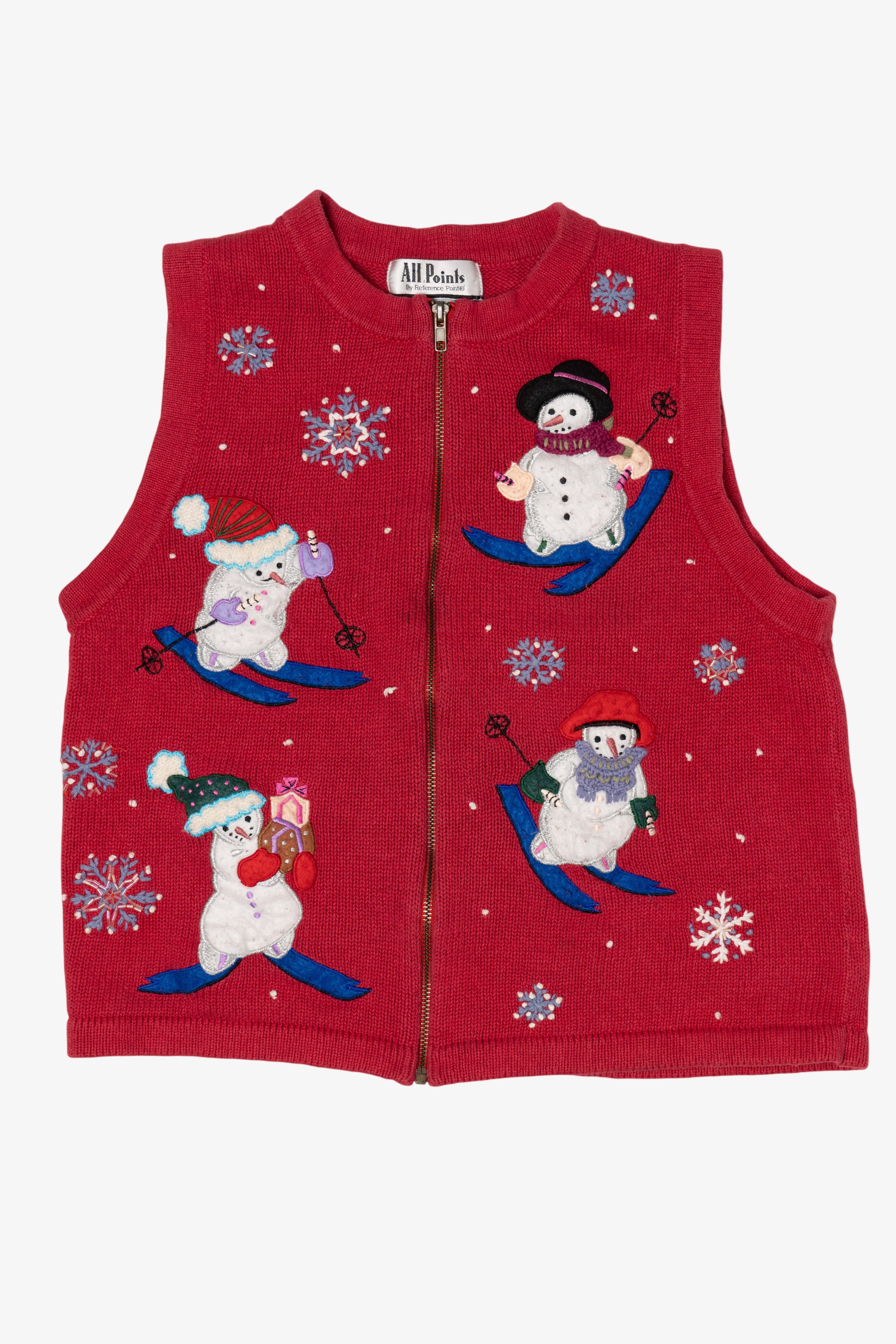 Vintage Red All Points Snowmen Skiing Ugly Christmas Vest (1990s)