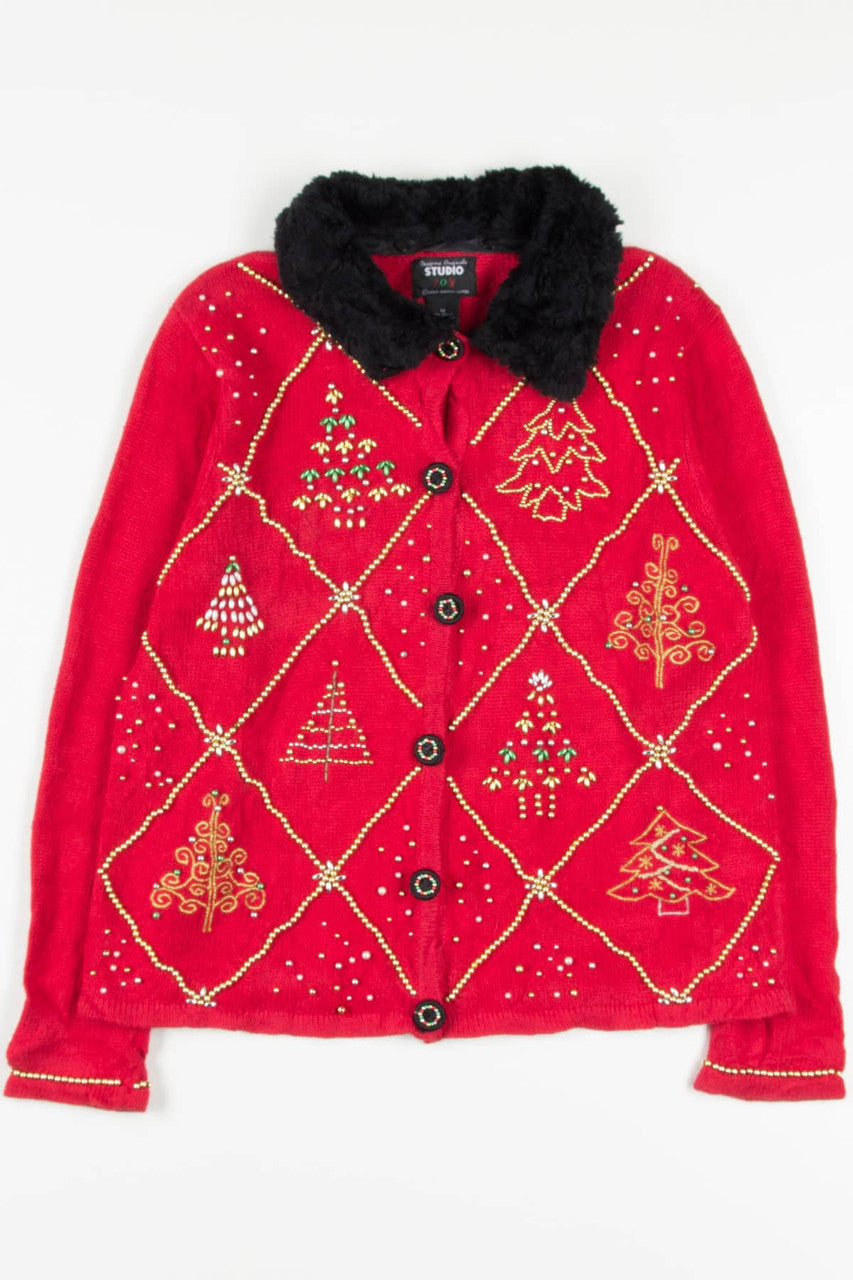 Red Beaded Trees Ugly Christmas Cardigan 57101