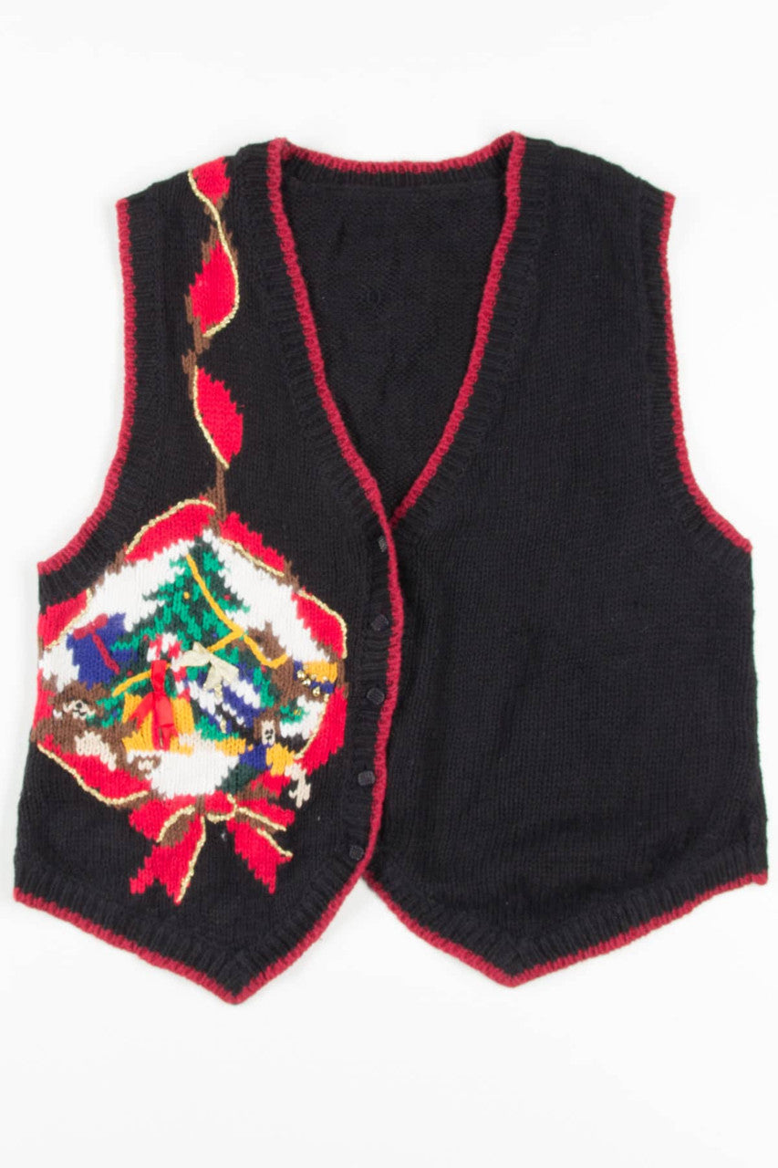 Black Big Knit Ribbon Picture Ugly Christmas Vest 57364