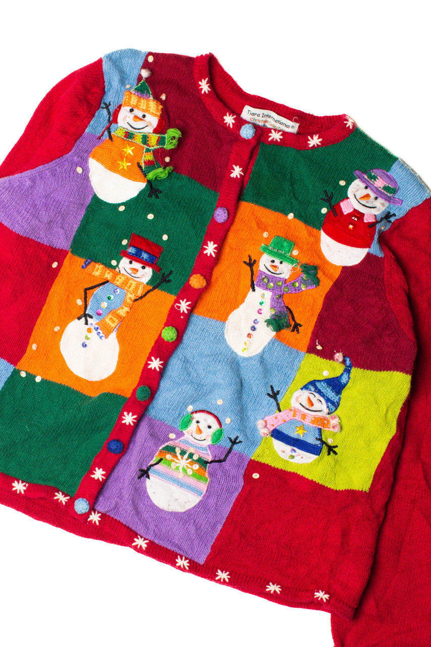 Colorful Squares Snowmen Ugly Christmas Cardigan 59430
