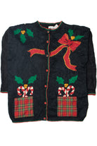 Vintage Candy Cane Plaid Pockets Ugly Christmas Sweater Cardigan 59539