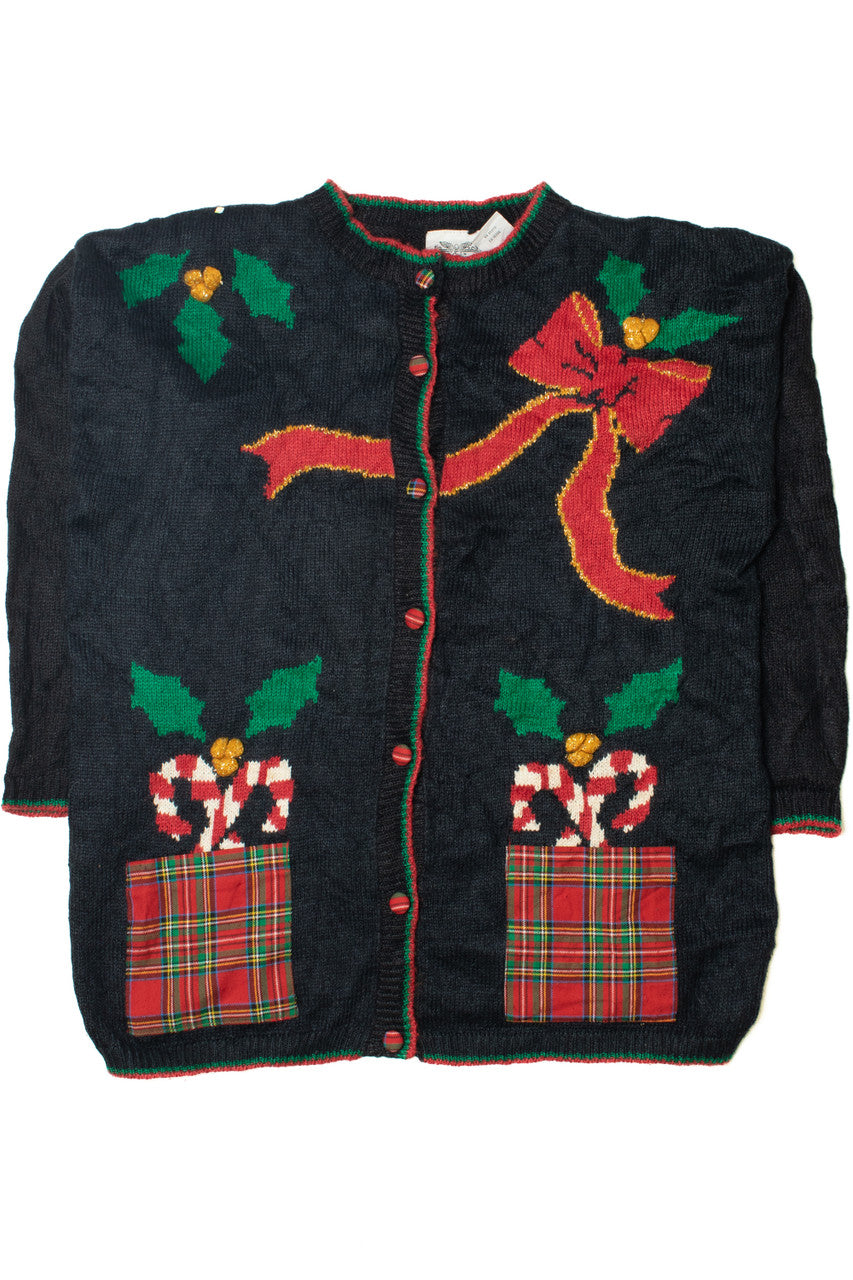 Vintage Candy Cane Plaid Pockets Ugly Christmas Sweater Cardigan 59539