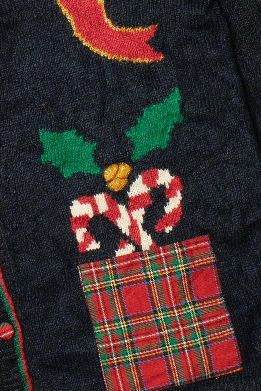 Vintage Candy Cane Plaid Pockets Ugly Christmas Sweater Cardigan 59539