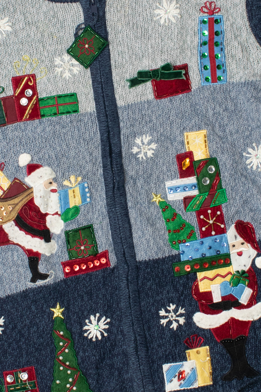 Vintage Santa Presents Ugly Christmas Zip Up Cardigan Sweater