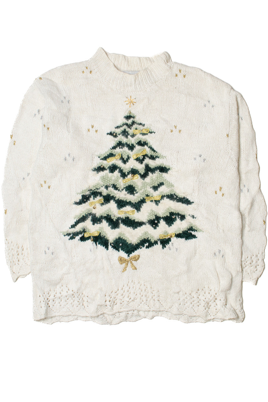 Vintage Christmas Tree With Gold Bows Hand Knit Ugly Christmas Sweater