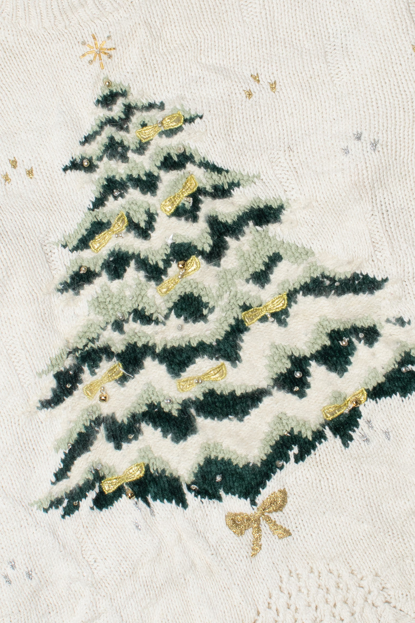 Vintage Christmas Tree With Gold Bows Hand Knit Ugly Christmas Sweater