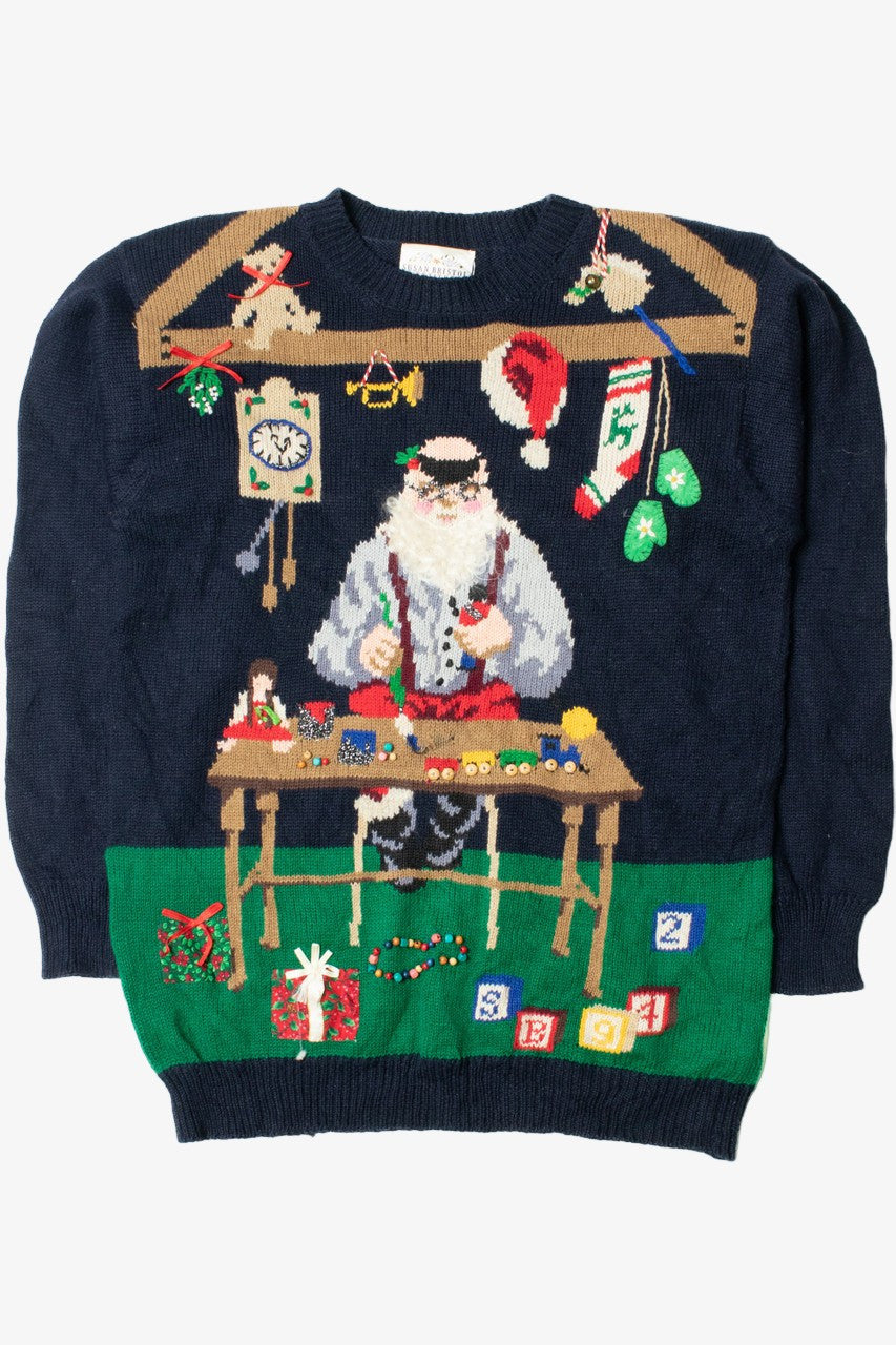 Navy Santa's Workshop Hand Embroidered Ugly Christmas Sweater 61427