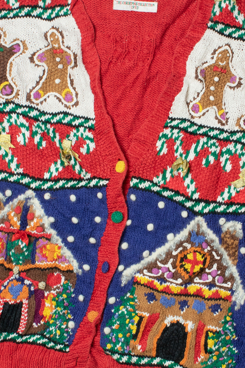 Vintage Gingerbread Houses Ugly Christmas Cardigan Sweater (1993)