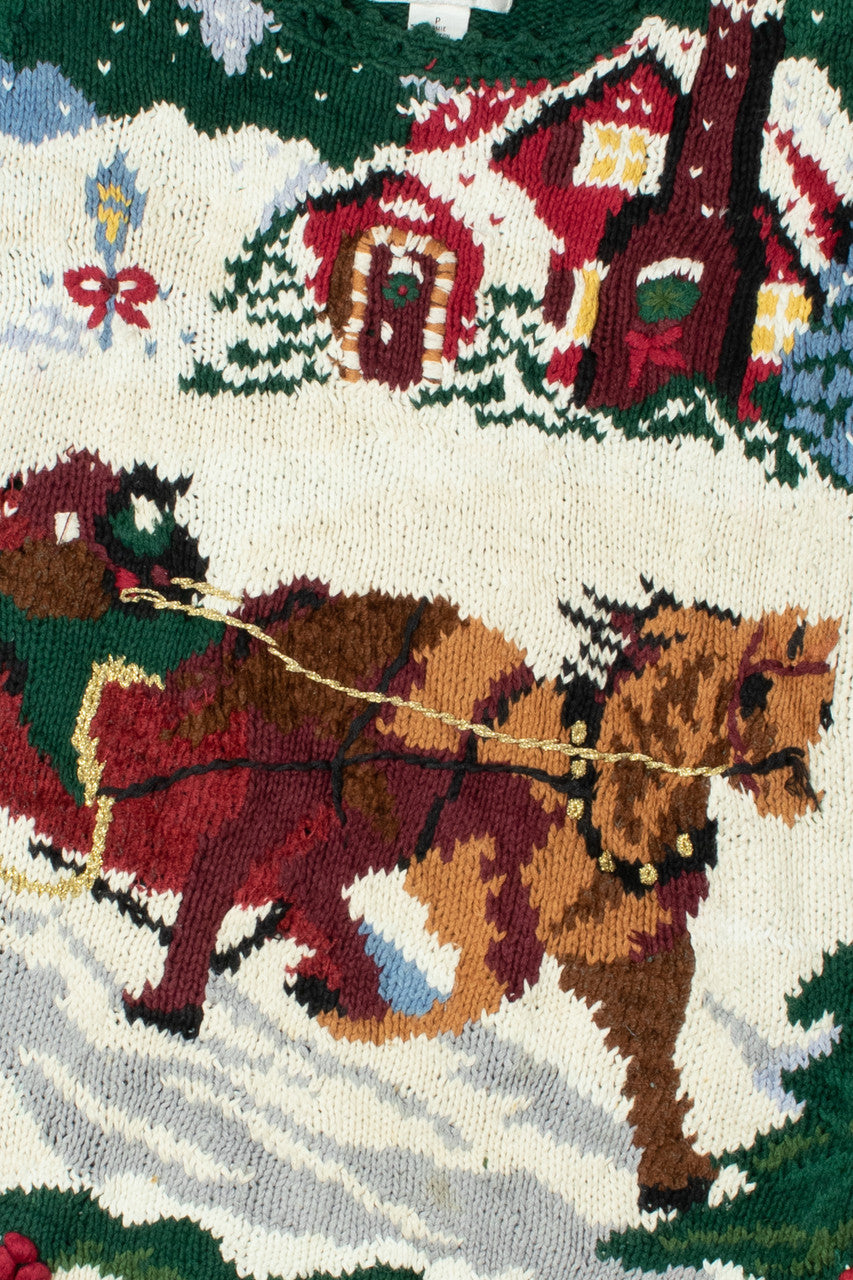 Horse Sleigh Holiday Cottage Ugly Christmas Sweater 61485