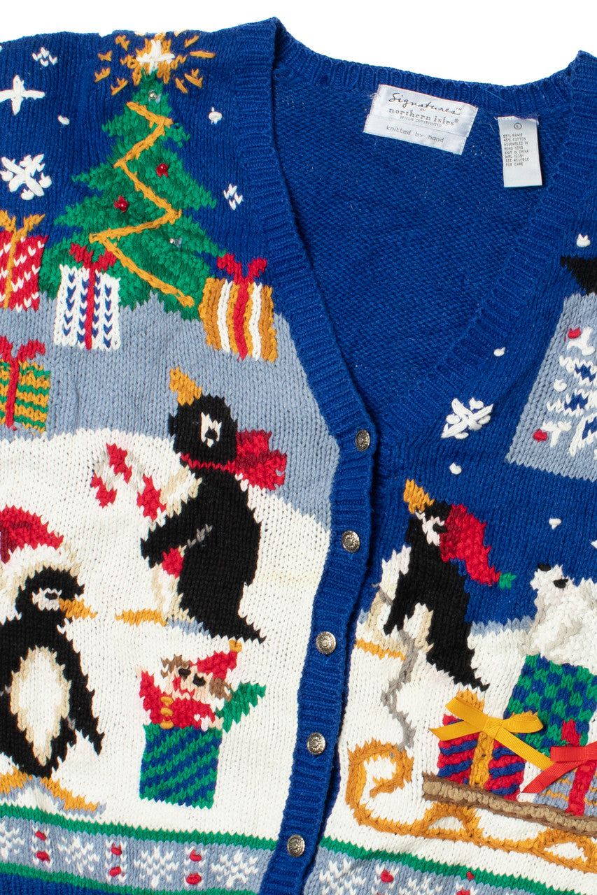 Penguin Holiday Scene Ugly Christmas Cardigan 61492