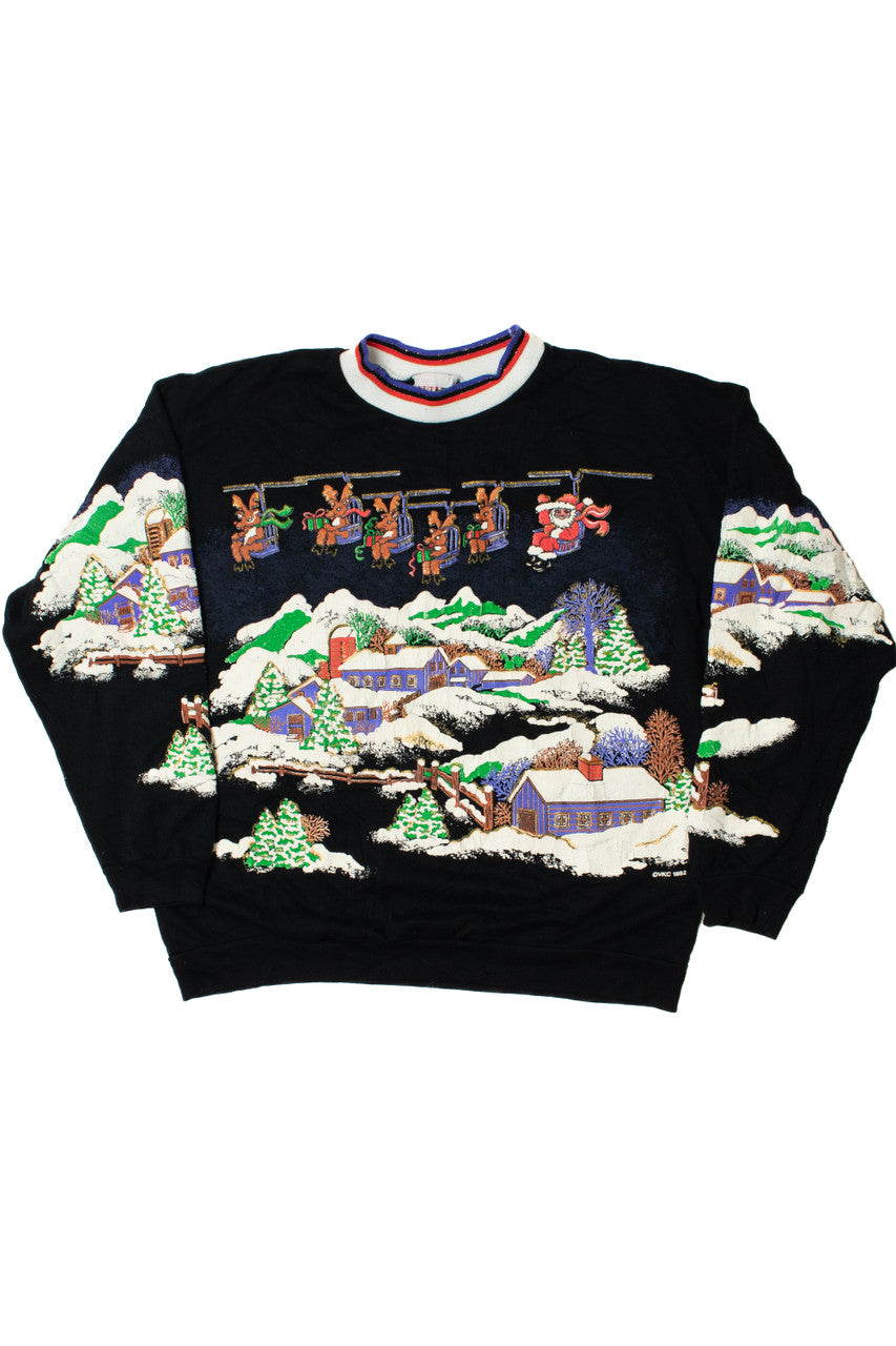Santa Ski-Lift Over Snowy Town Ugly Christmas Sweatshirt 61508