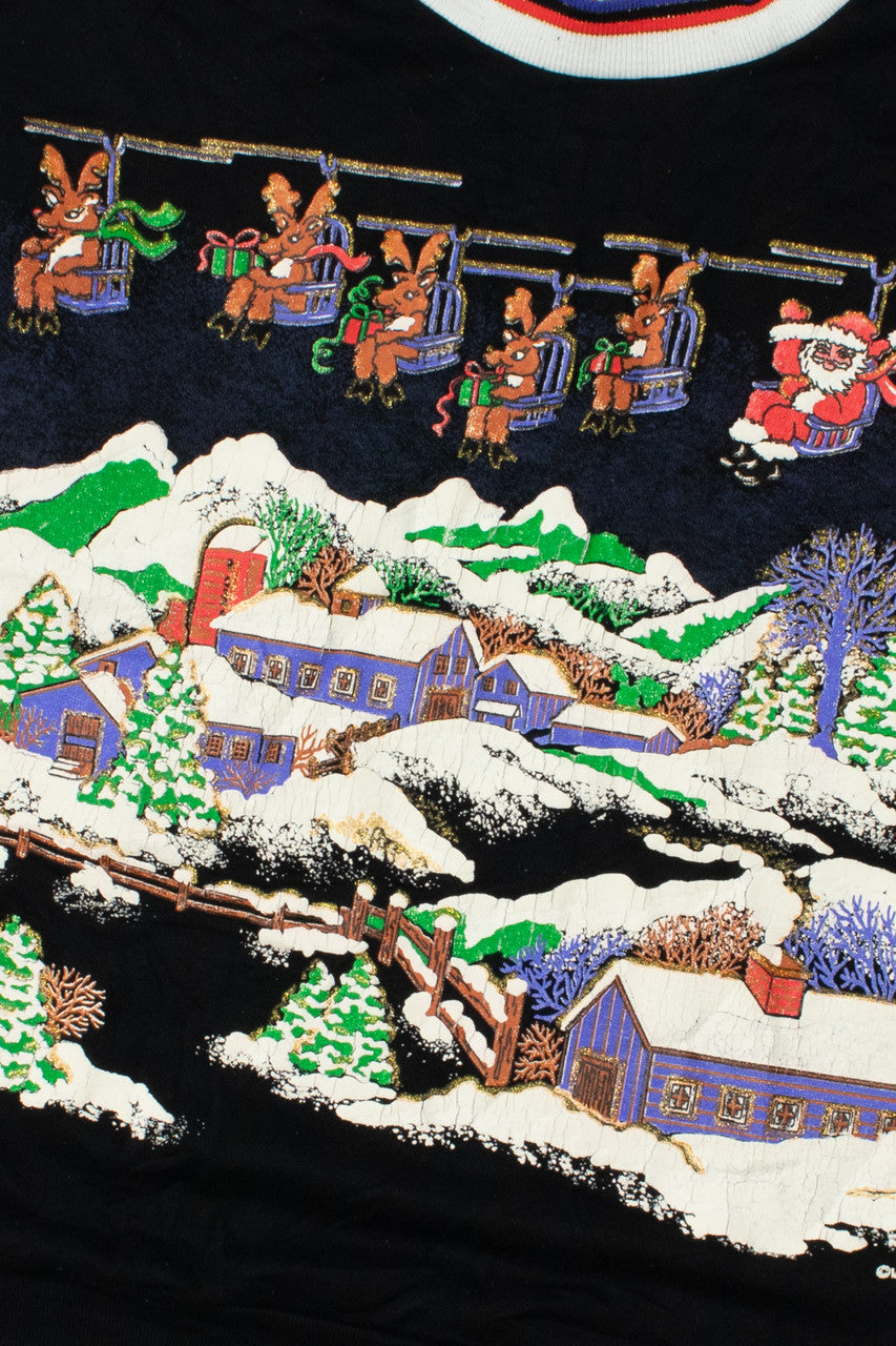 Santa Ski-Lift Over Snowy Town Ugly Christmas Sweatshirt 61508