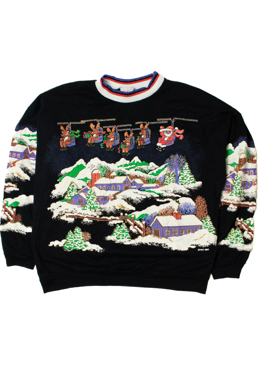 Santa Ski-Lift Over Snowy Town Ugly Christmas Sweatshirt 61508