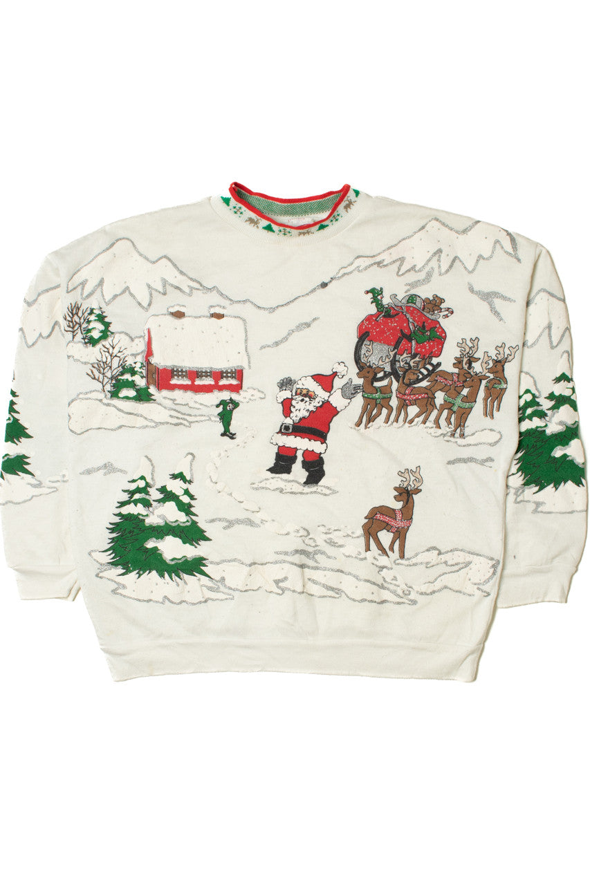 Vintage North Pole Santa & Reindeer Ugly Christmas Sweatshirt 61515