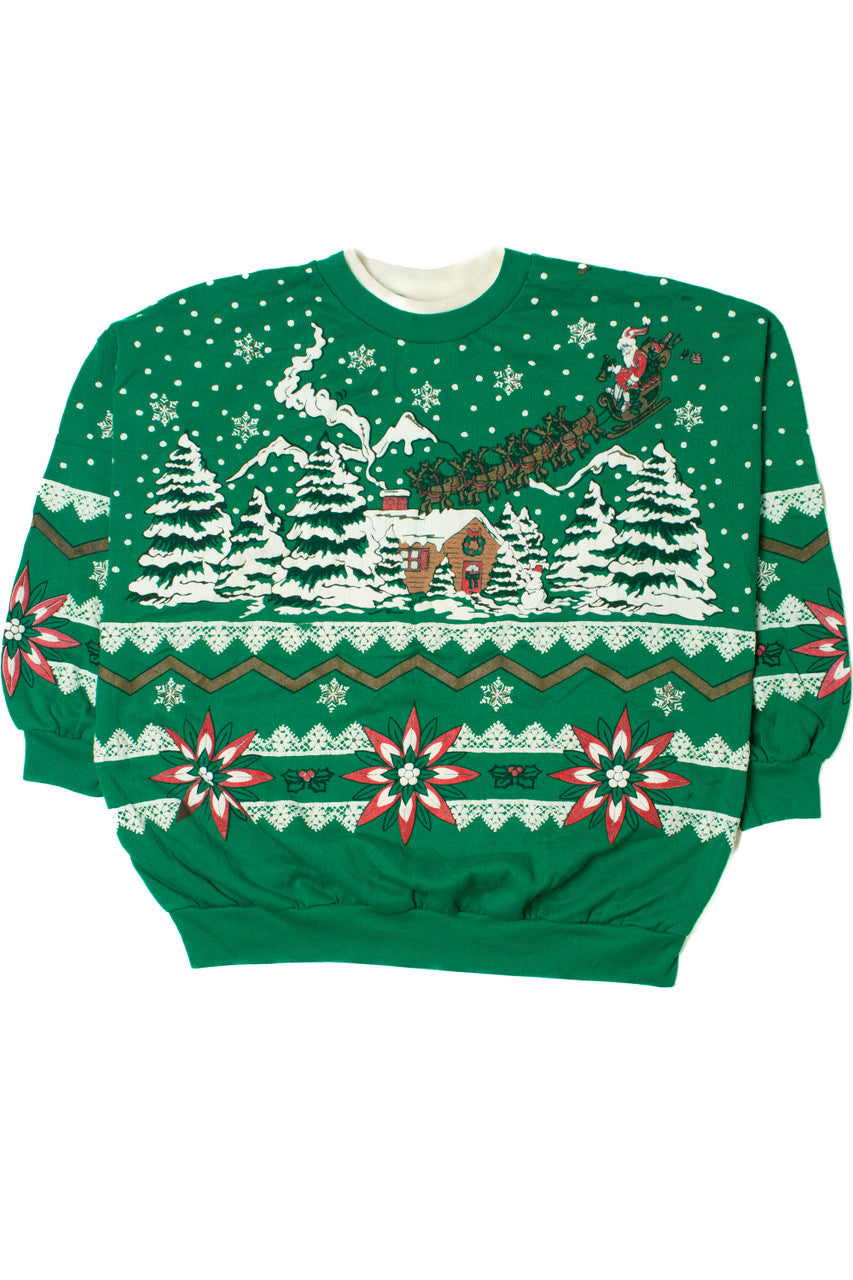 Vintage Santa & His Sleigh Landscape Ugly Christmas Sweatshirt 61519