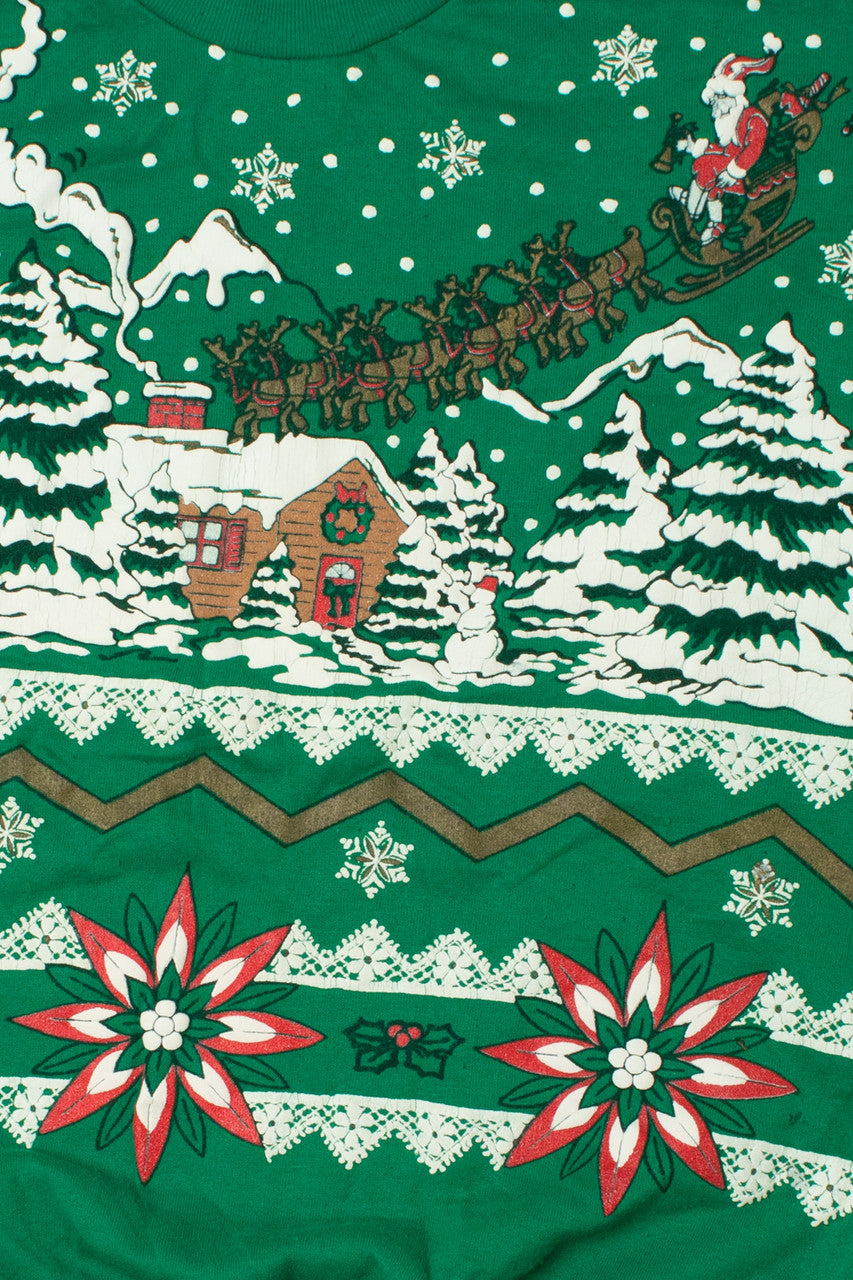 Vintage Santa & His Sleigh Landscape Ugly Christmas Sweatshirt 61519