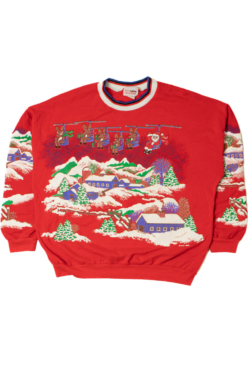 Vintage Santa Ski-Lift Over Snowy Town Ugly Christmas Sweatshirt 61520