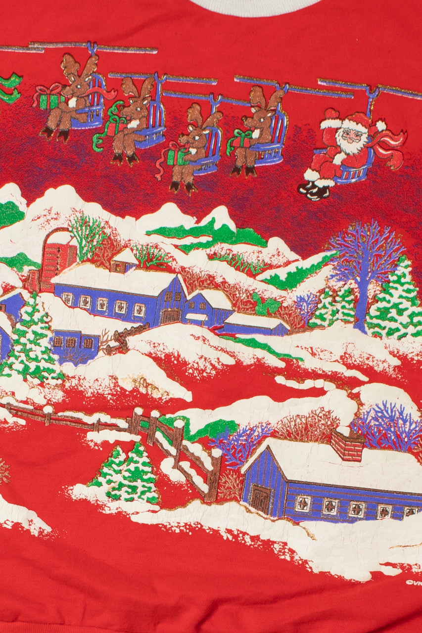 Vintage Santa Ski-Lift Over Snowy Town Ugly Christmas Sweatshirt 61520