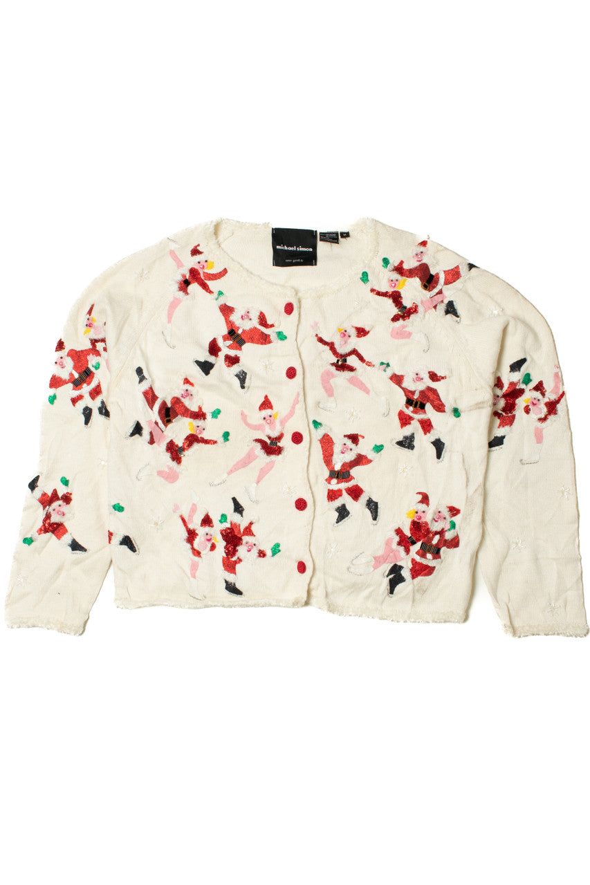 Vintage Skating With Santa Michael Simon Ugly Christmas Cardigan 61547