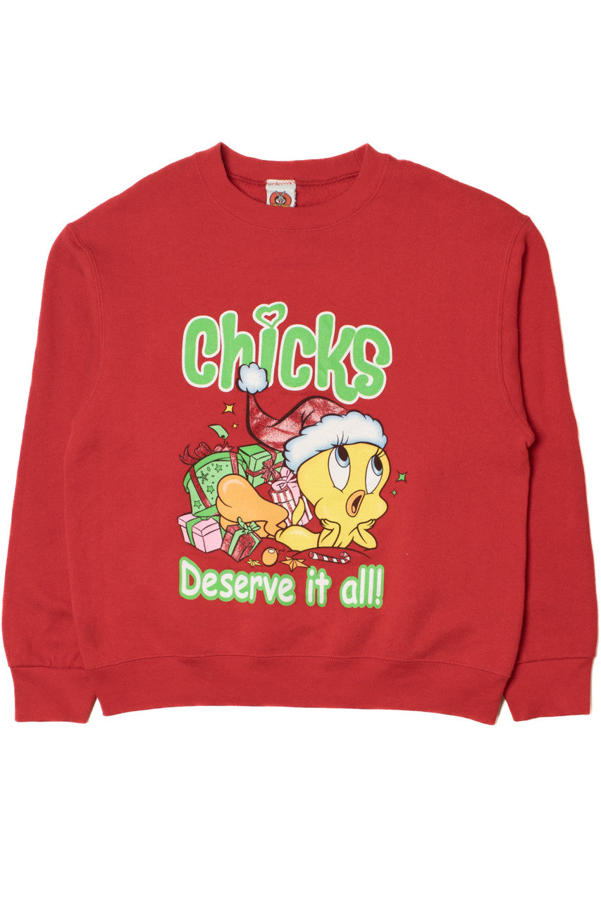 Vintage "Chicks Deserve It All!" Tweety Bird Looney Tunes Ugly Christmas Sweatshirt