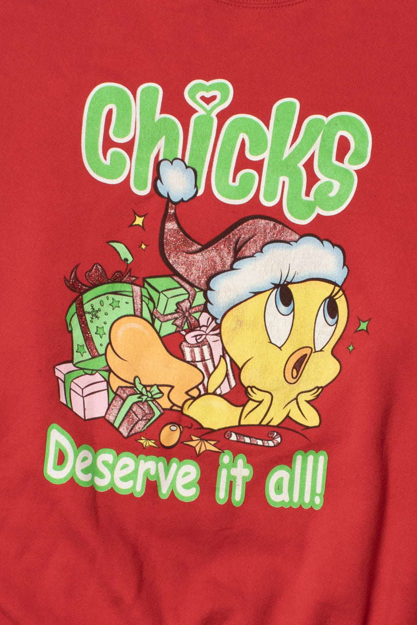 "Chicks Deserve It All" Tweety Bird Looney Toons Ugly Christmas Sweater